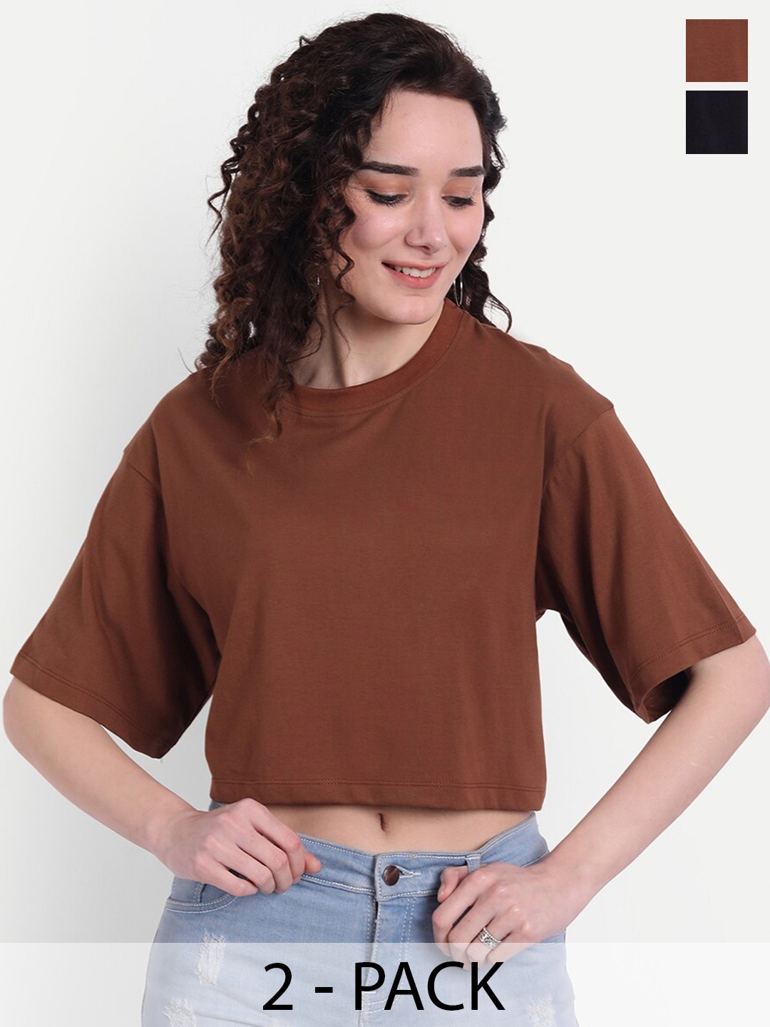

COLOR CAPITAL Pack Of 2 Drop-Shoulder Sleeves Cotton Boxy Crop T-shirt, Brown