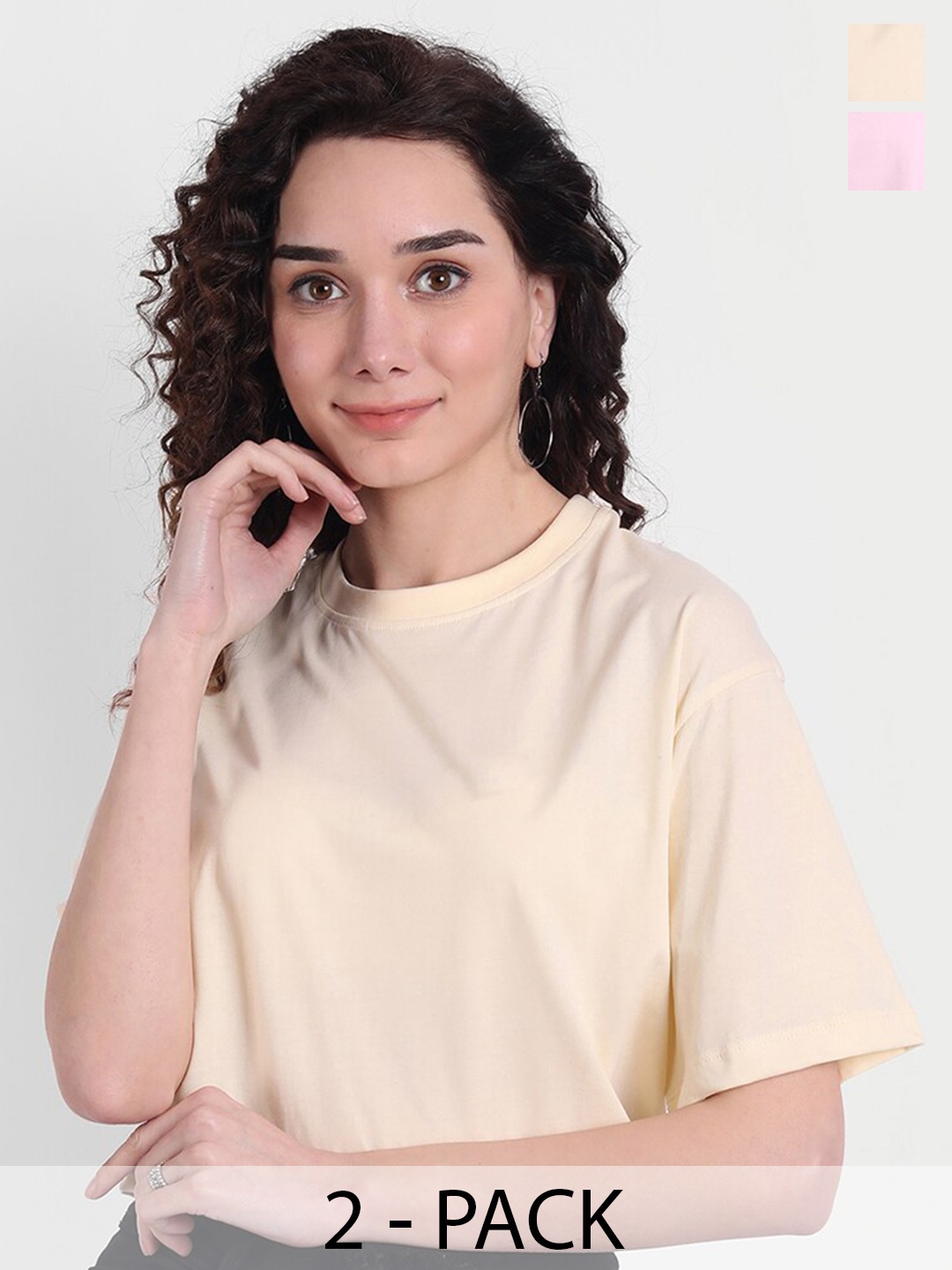 

COLOR CAPITAL Pack Of 2 Drop-Shoulder Sleeves Cotton Boxy Crop T-shirt, Cream
