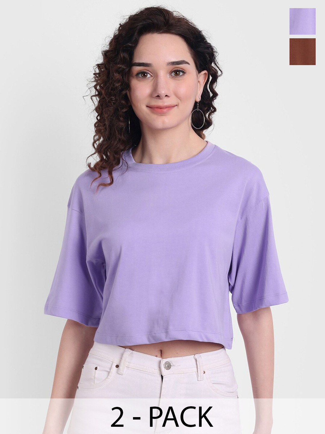 

COLOR CAPITAL Pack Of 2 Drop-Shoulder Sleeves Cotton Boxy Crop T-shirt, Lavender