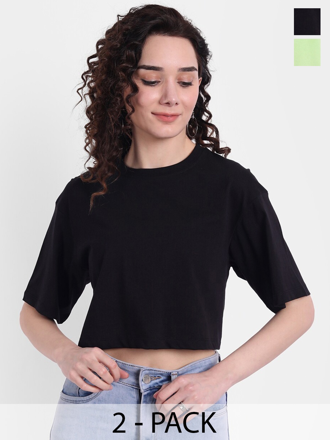 

COLOR CAPITAL Pack Of 2 Round Neck Crop Cotton Boxy T-Shirt, Black