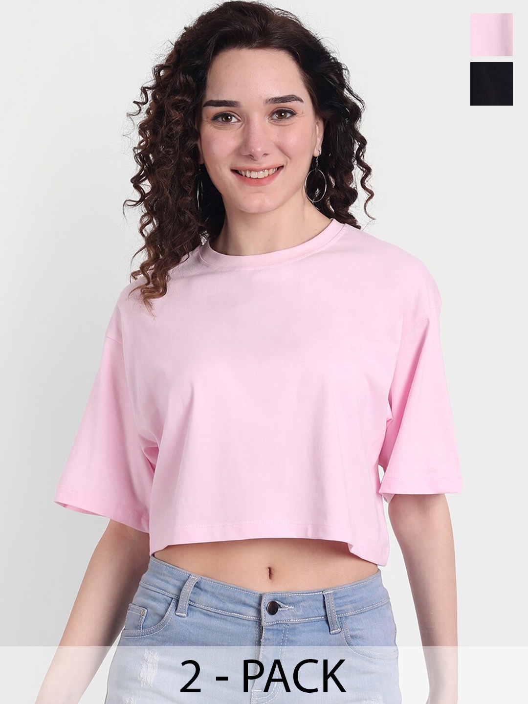 COLOR CAPITAL Pack Of 2 Round Neck Crop Cotton Boxy T-Shirt, Black