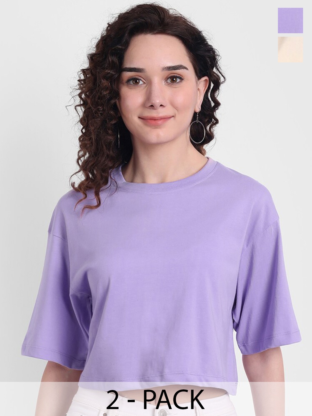 COLOR CAPITAL Pack Of 2 Round Neck Crop Cotton Boxy T-Shirts, Lavender