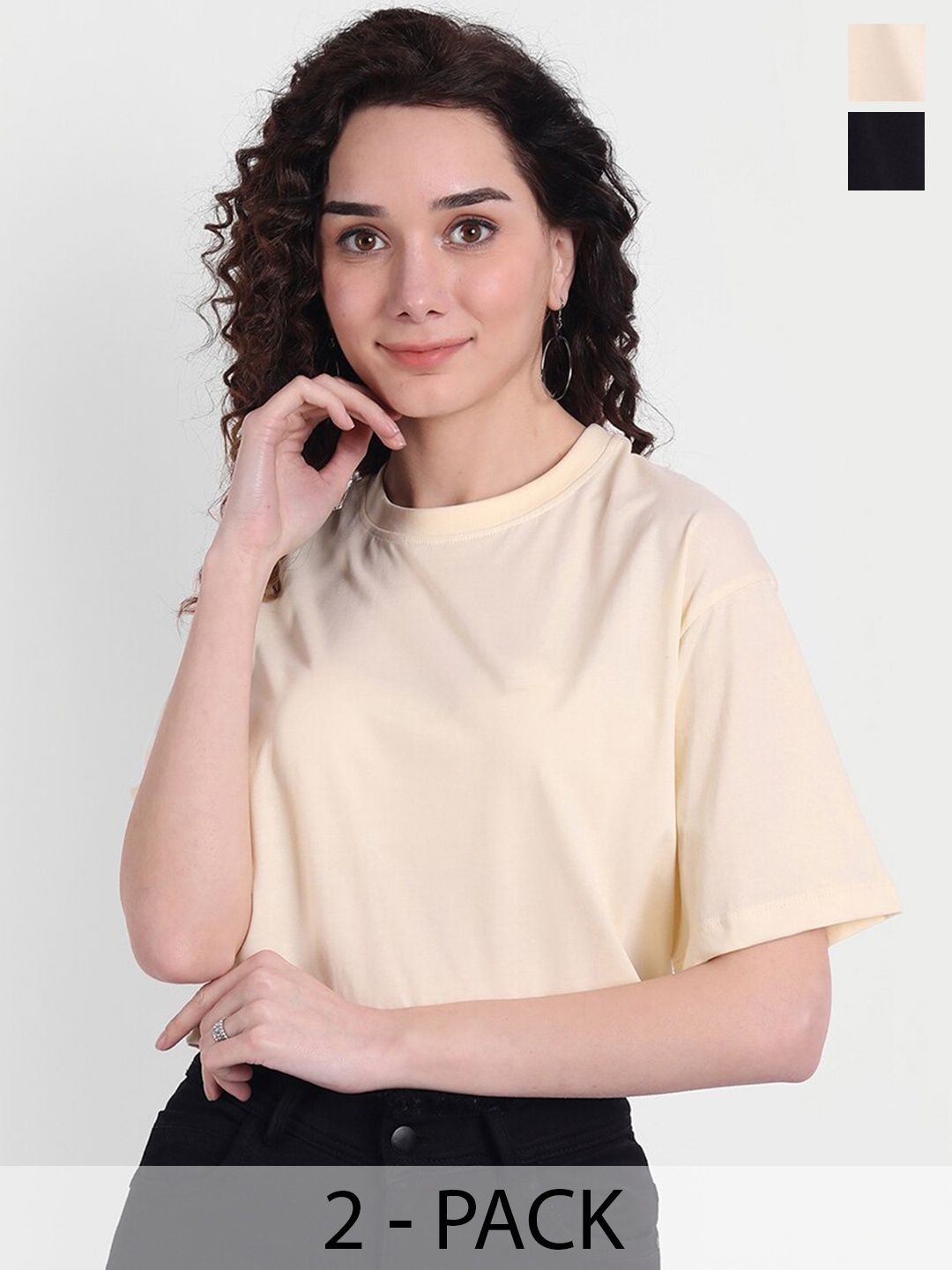 COLOR CAPITAL Pack Of 2 Round Neck Crop Cotton Boxy T-Shirts, Black