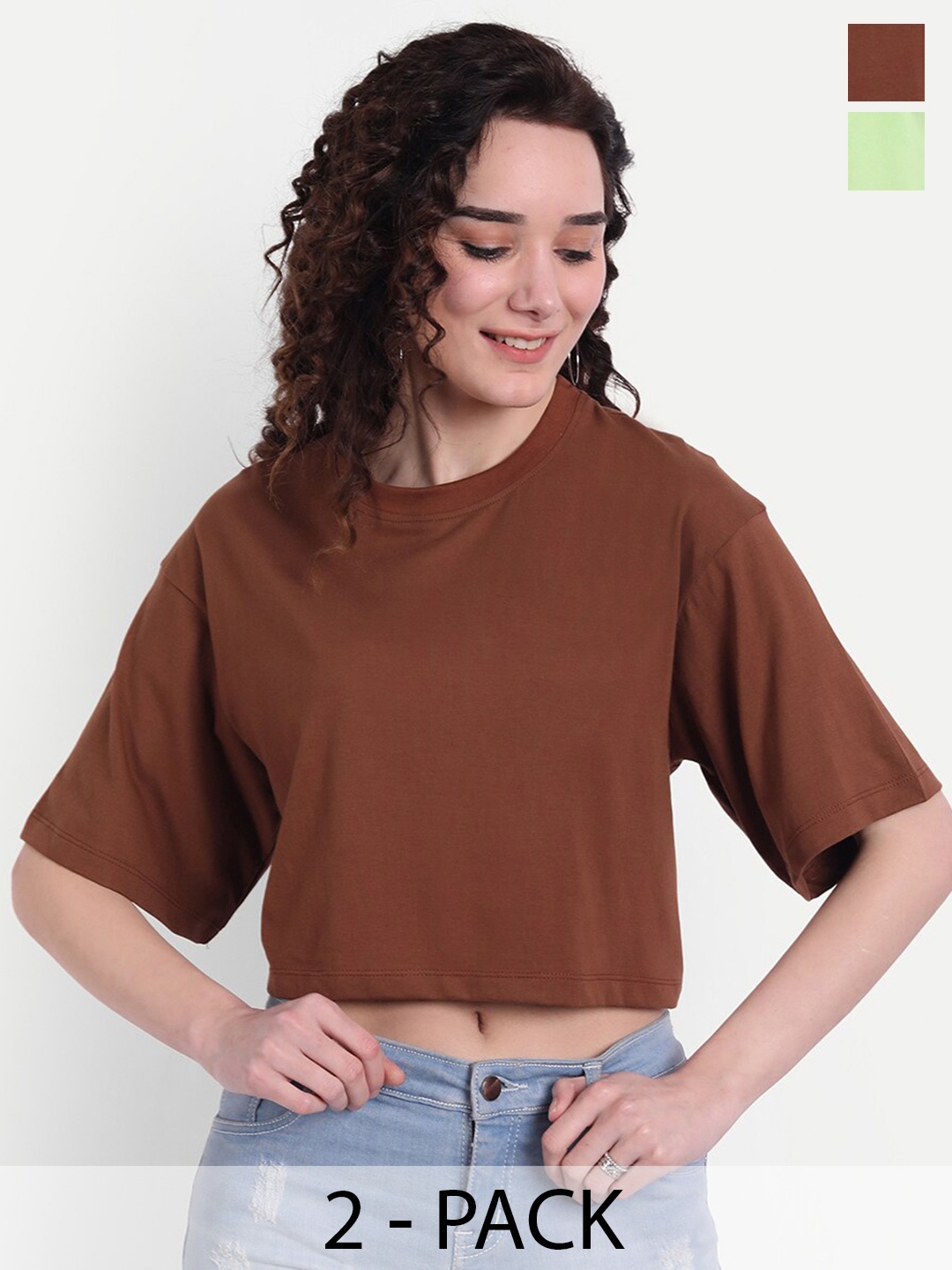 COLOR CAPITAL Pack Of 2 Drop-Shoulder Sleeves Cotton Boxy Crop T-shirt, Brown