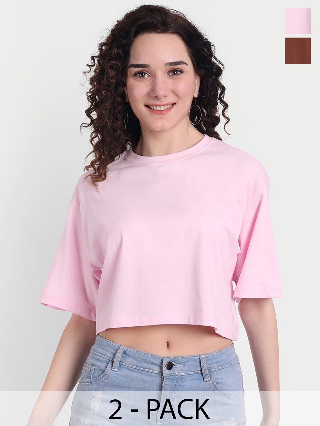 

COLOR CAPITAL Pack Of 2 Drop Shoulder Sleeves Cotton Crop T-Shirts, Pink