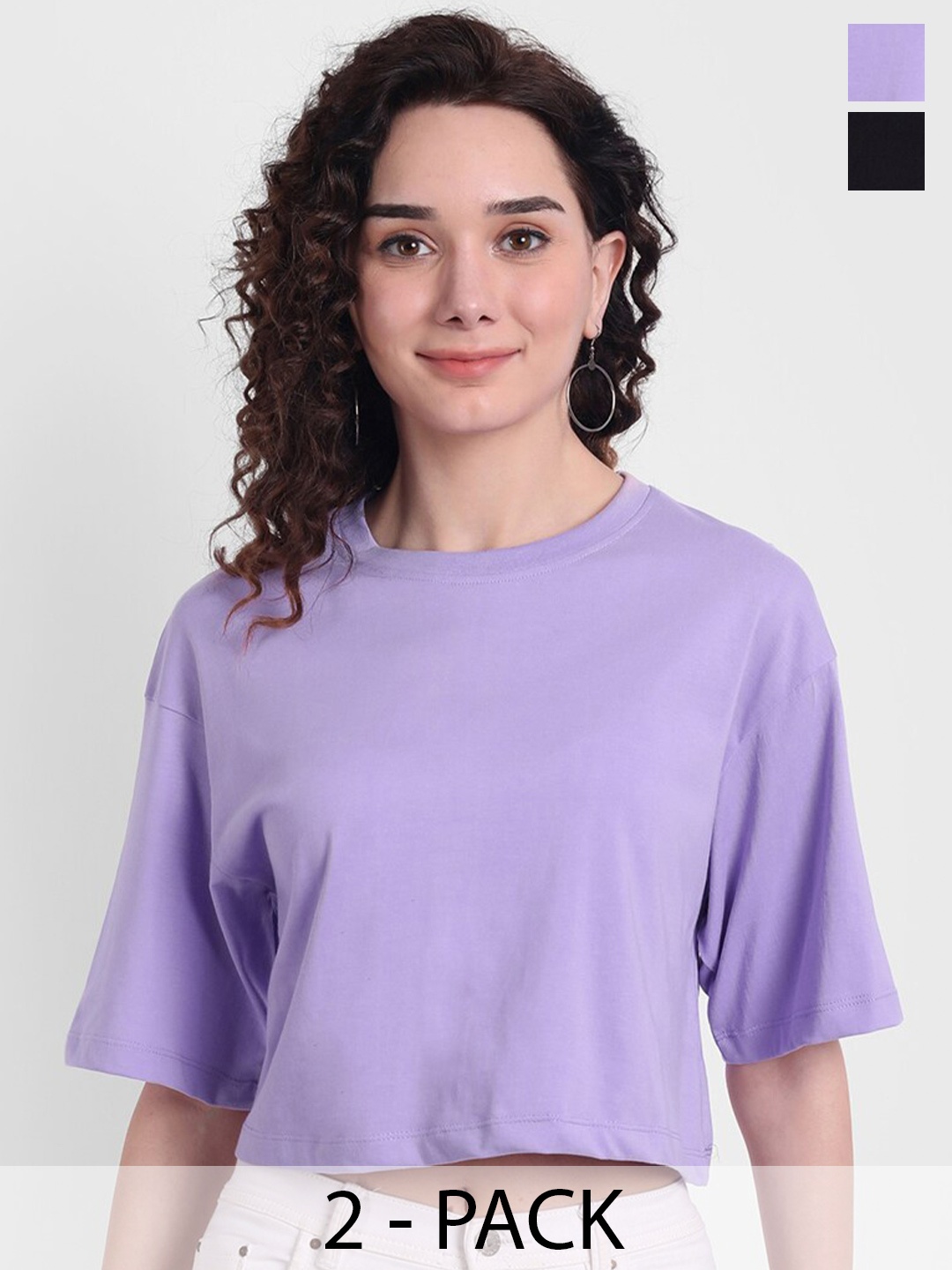 

COLOR CAPITAL Pack Of 2 Drop-Shoulder Sleeves Cotton Boxy Crop T-shirt, Lavender