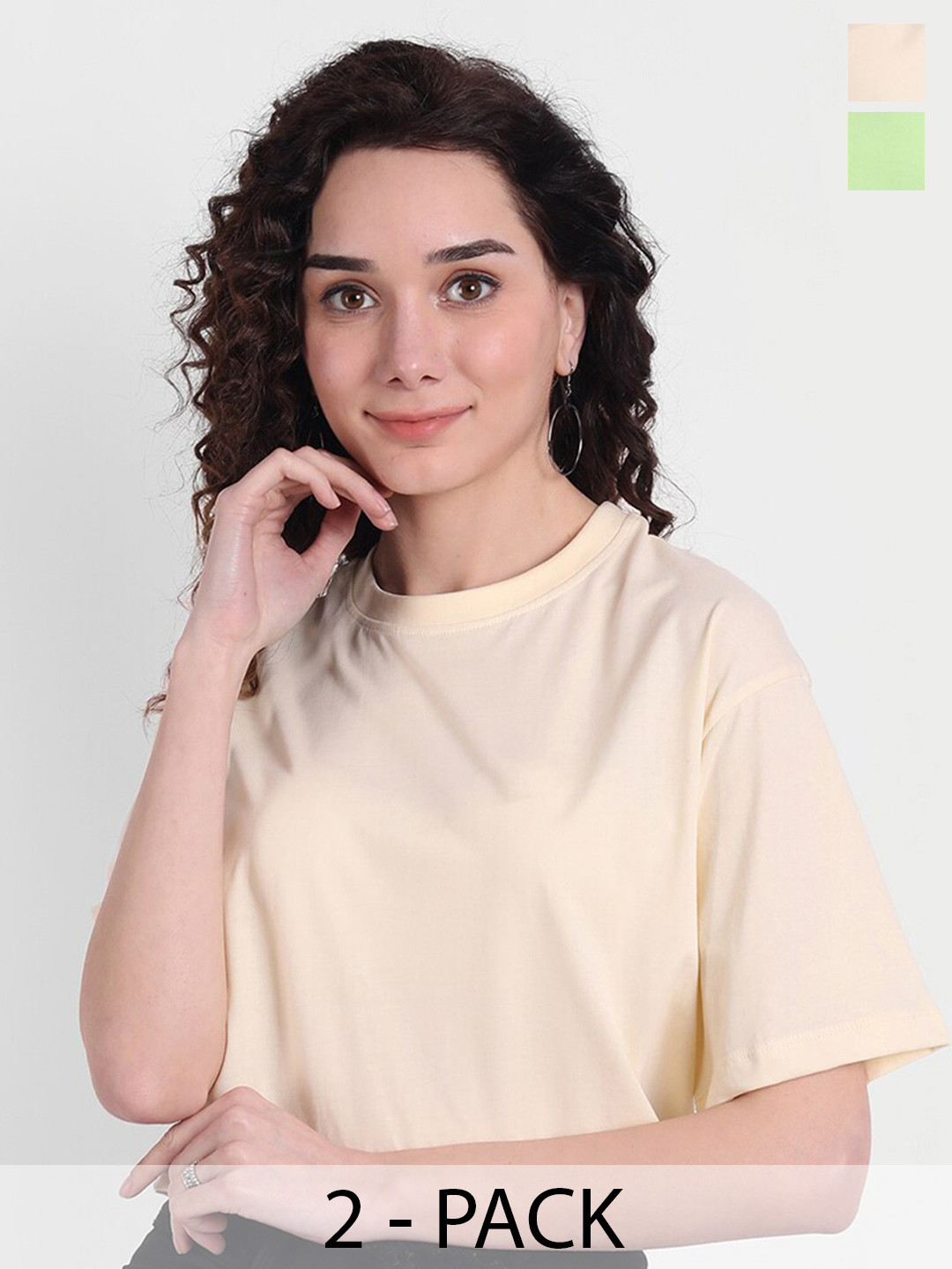 

COLOR CAPITAL Pack Of 2 Round Neck Cotton Boxy Crop T-shirt, Beige