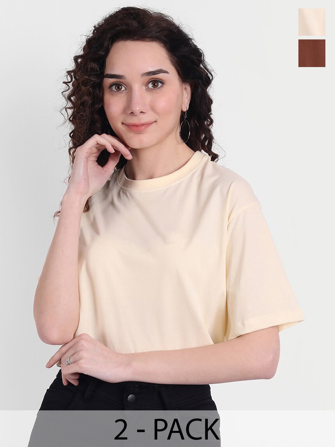 

COLOR CAPITAL Pack Of 2 Round Neck Crop Cotton Boxy T-Shirts, Brown