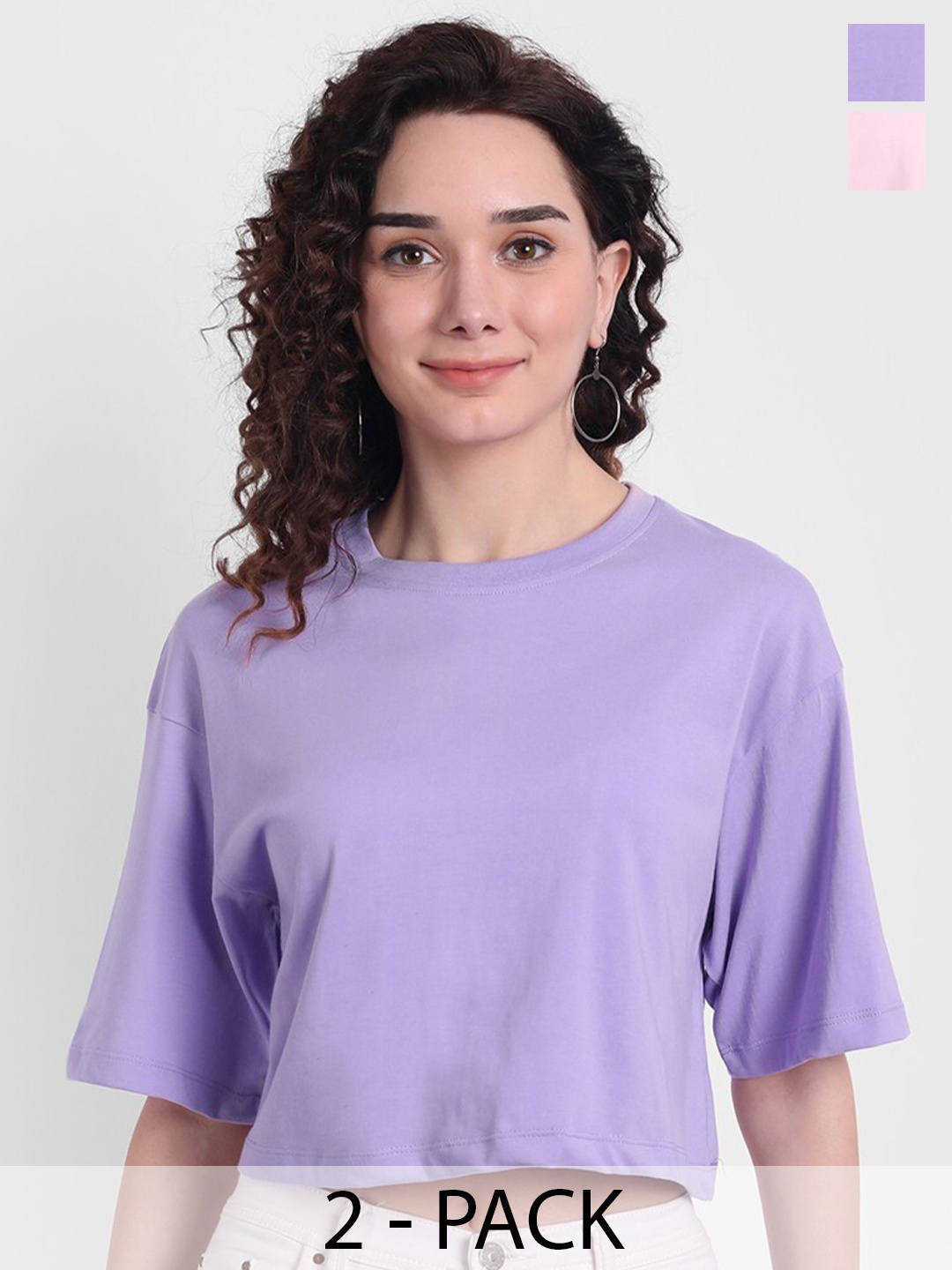 

COLOR CAPITAL Pack Of 2 Drop Shoulder Sleeves Cotton Crop T-Shirts, Lavender