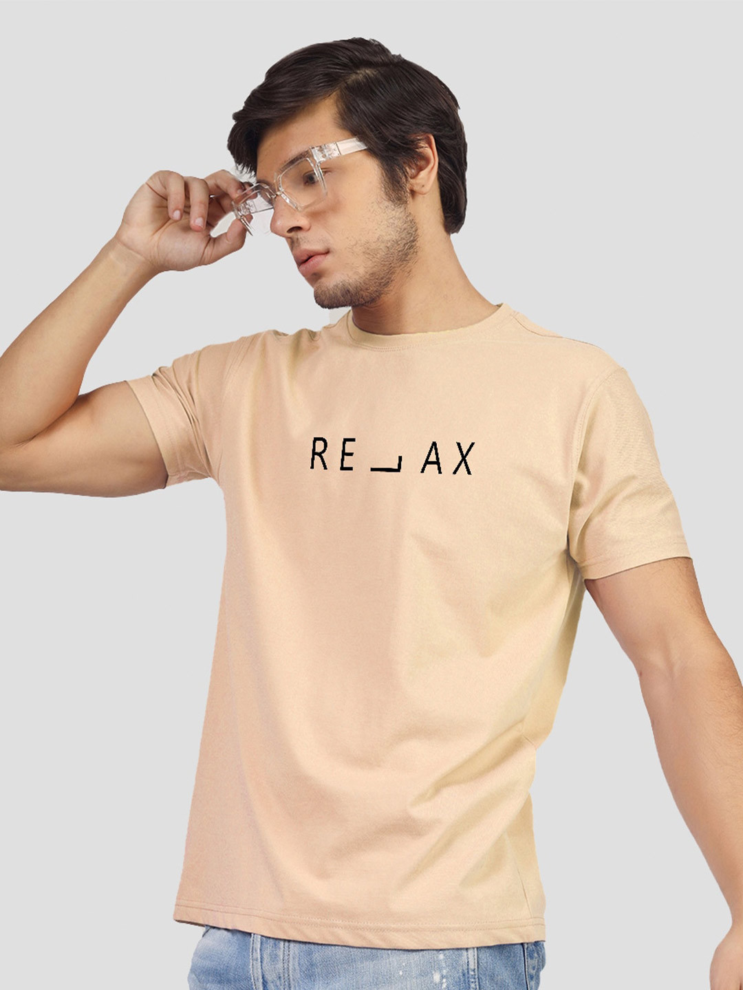 

Greylongg Typography Printed Round Neck Cotton Regular T-shirt, Beige