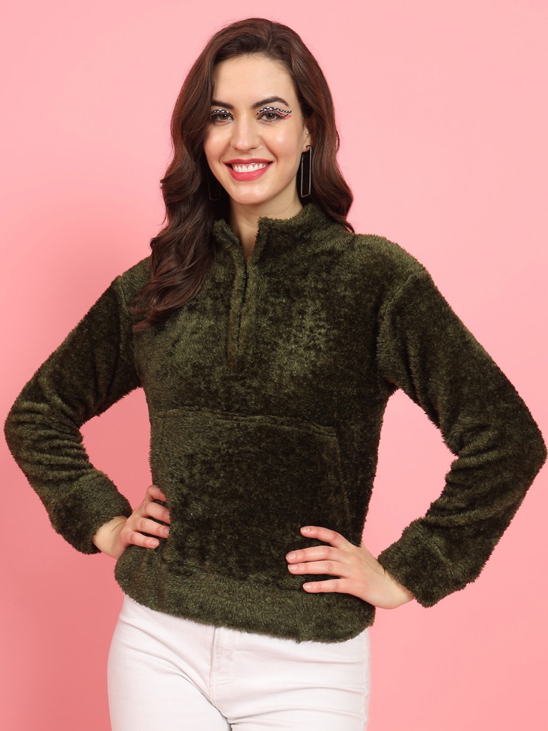 

BAESD Self Design Stand Collar Faux fur Pullover, Green