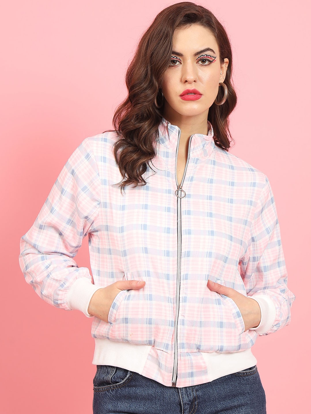 

BAESD Checked Stand Collar Lightweight Bomber Jacket, Pink