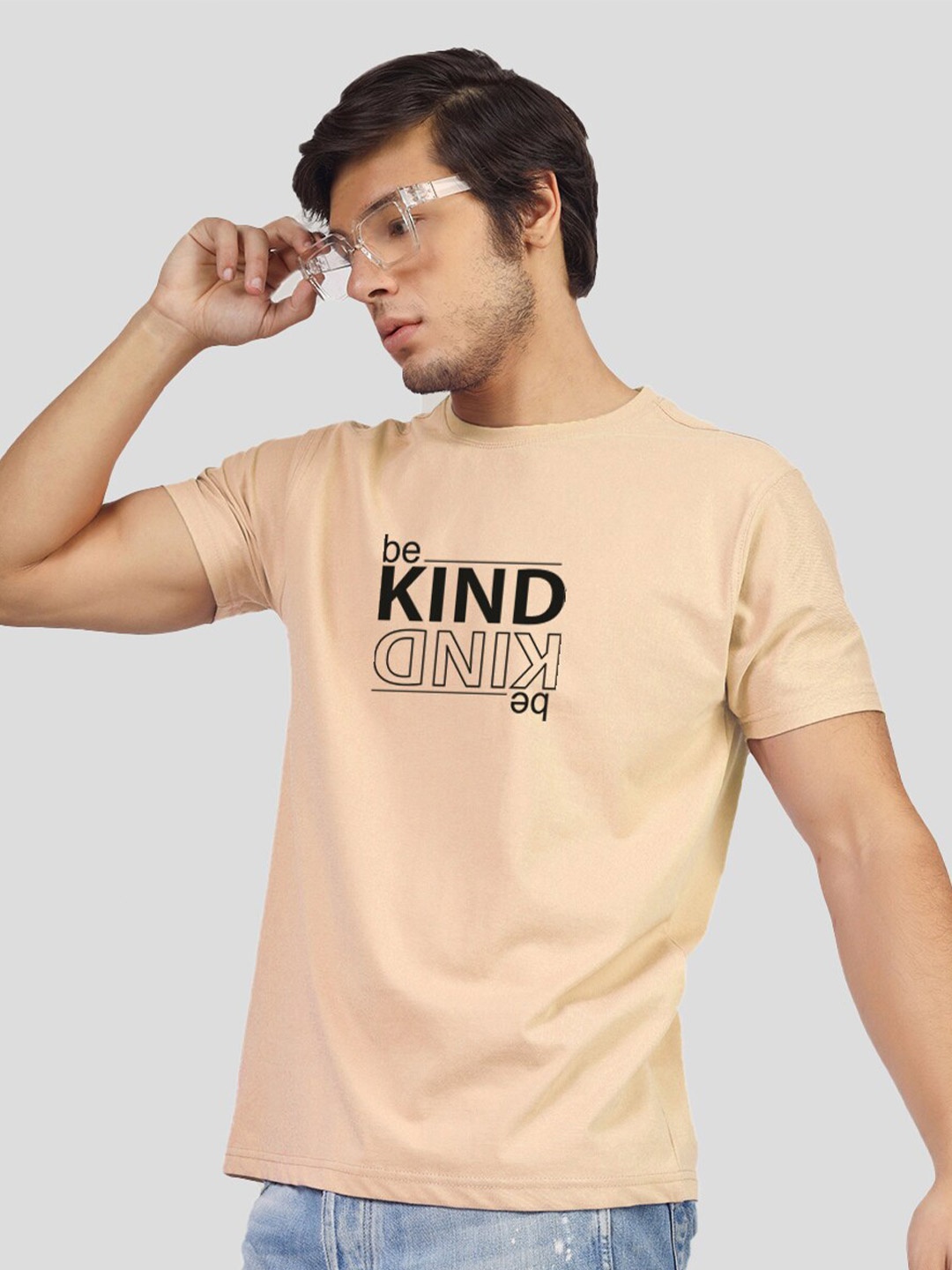 

Greylongg Typography Printed Round Neck Cotton Regular T-shirt, Beige