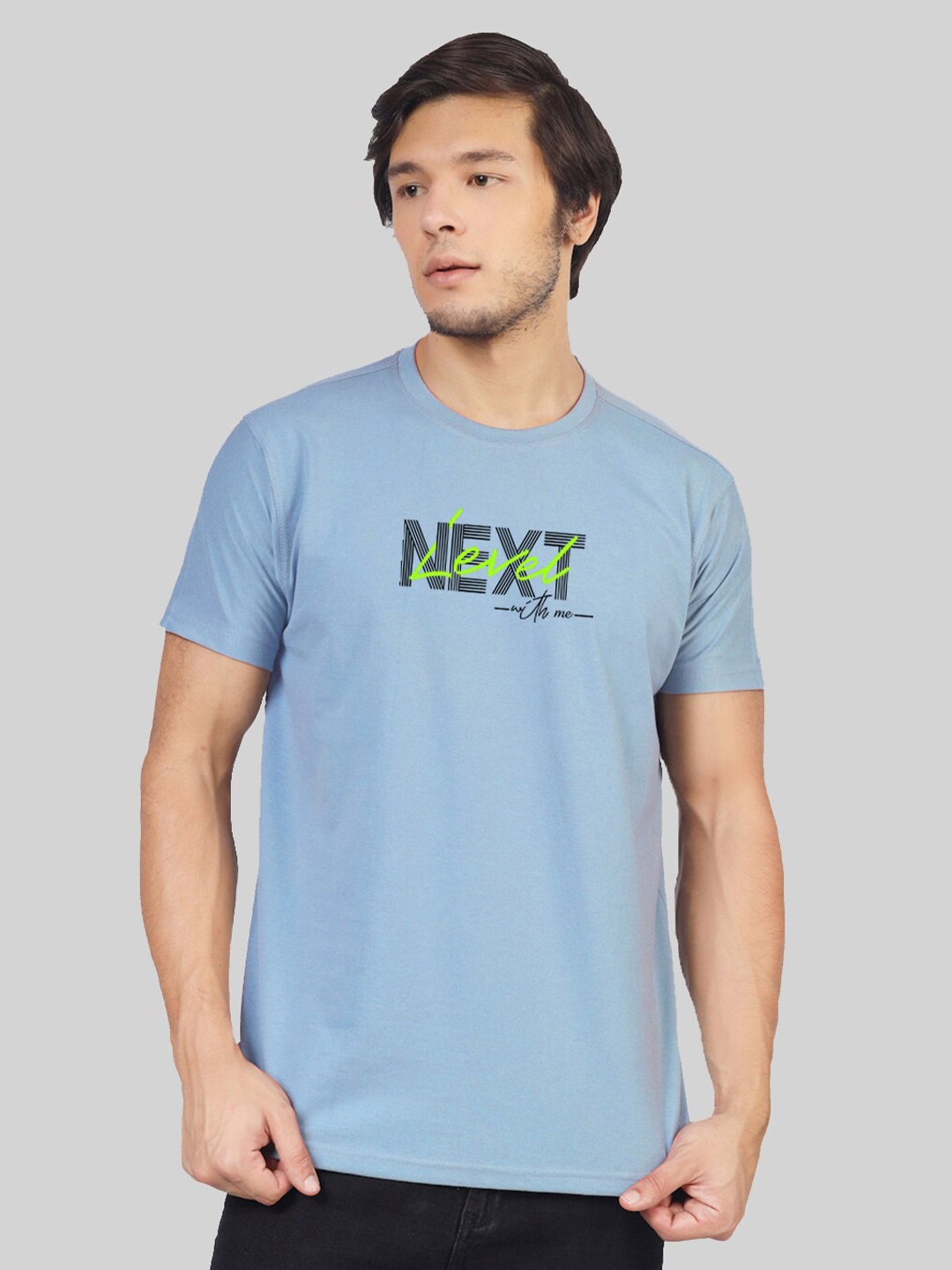 

Greylongg Typography Printed Round Neck Casual T-shirt, Blue