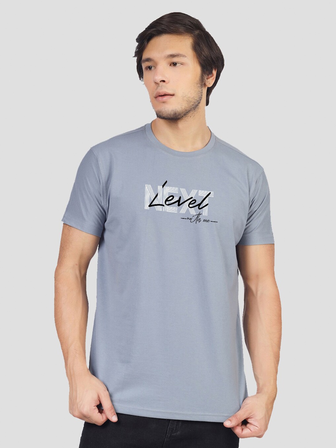 

Greylongg Typography Printed Round Neck Casual T-shirt, Grey