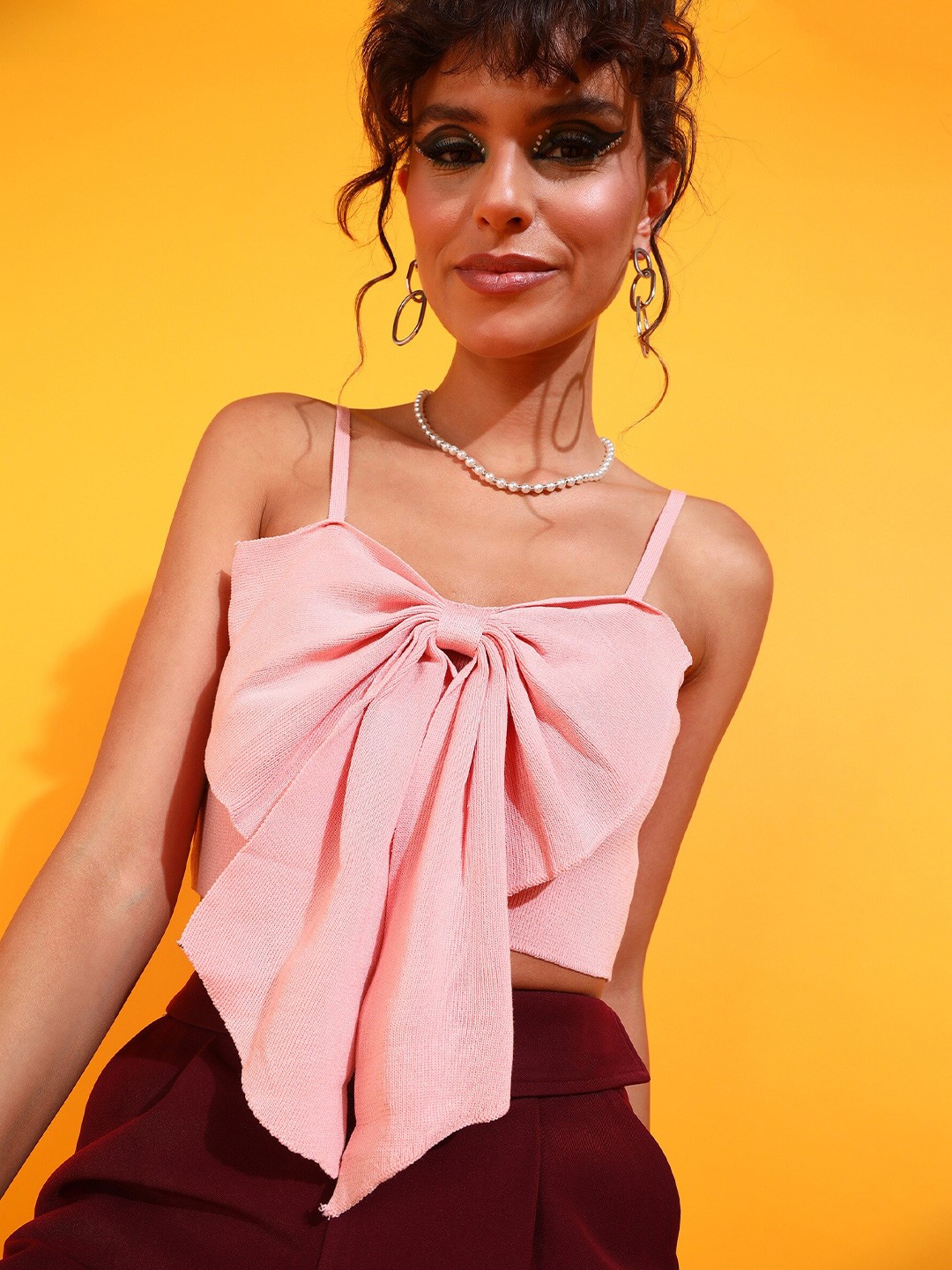 

SHECZZAR Peach-Coloured Shoulder Straps Bow Detailed Cotton Fitted Crop Top