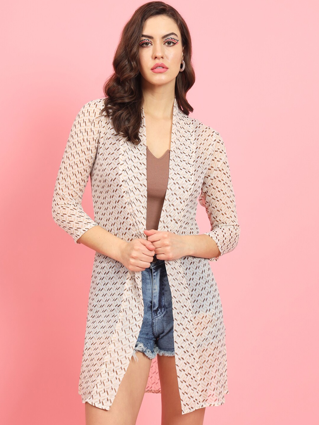 

BAESD Geometric Printed Longline Shrug, Cream