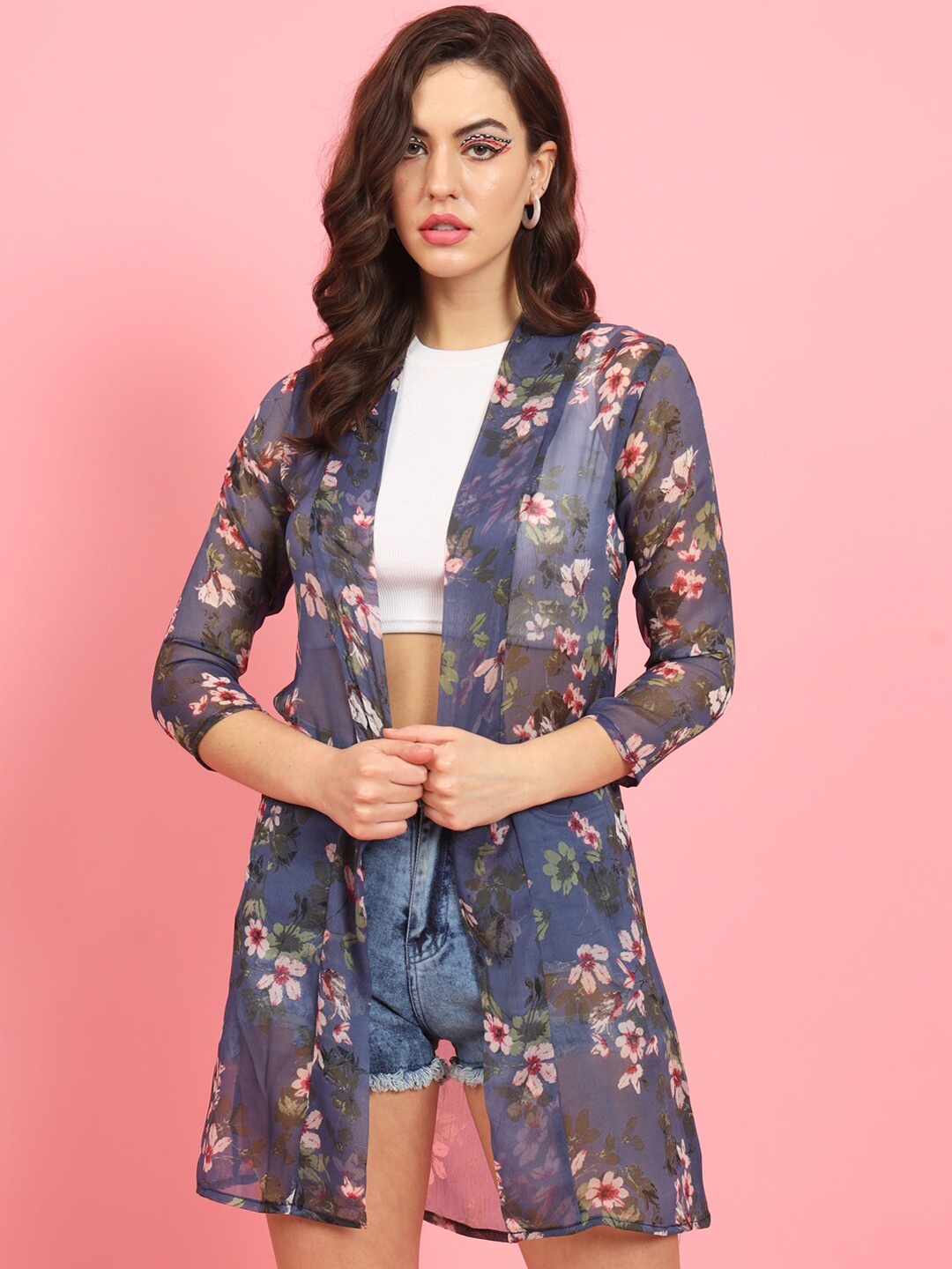 

BAESD Floral Printed Longline Shrug, Grey