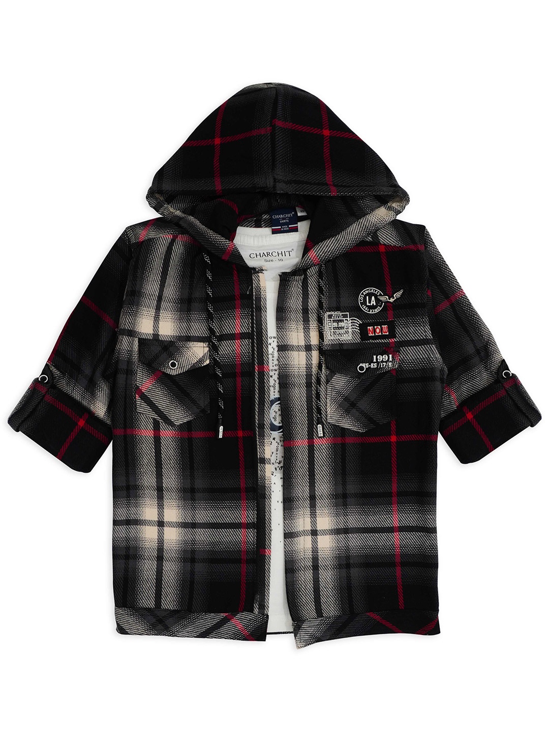 

CHARCHIT HIT Boys Tartan Checked Hooded Casual Shirt & T-Shirt, Grey