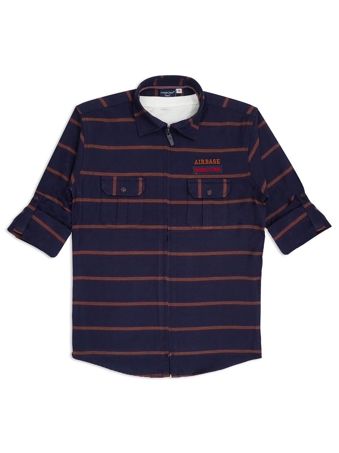 

CHARCHIT HIT Boys Horizontal Stripes Pure Cotton Casual Shirt & T-Shirt, Navy blue