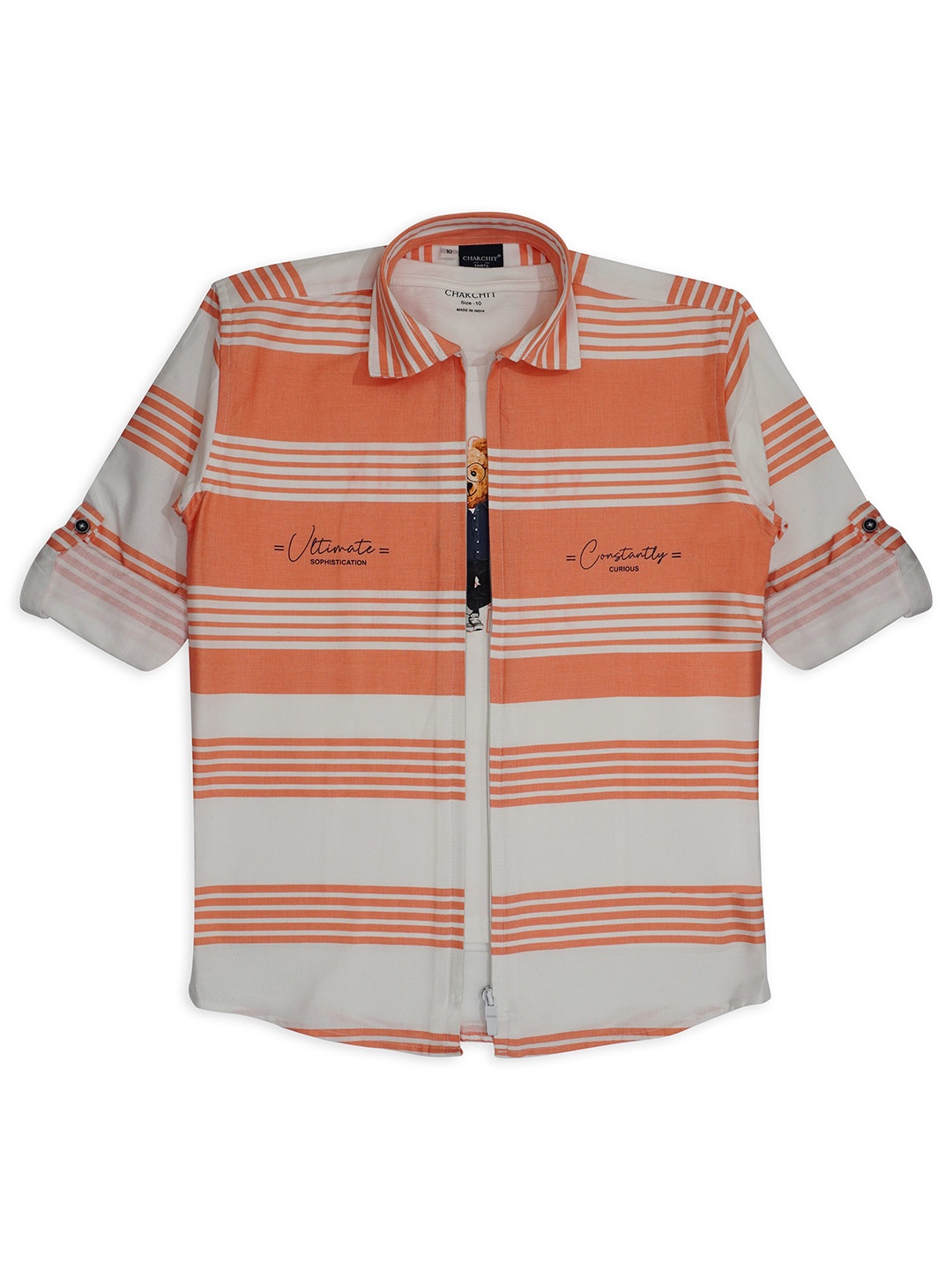 

CHARCHIT Boys Comfort Horizontal Striped Pure Cotton Casual Shacket With T-shirt, Peach