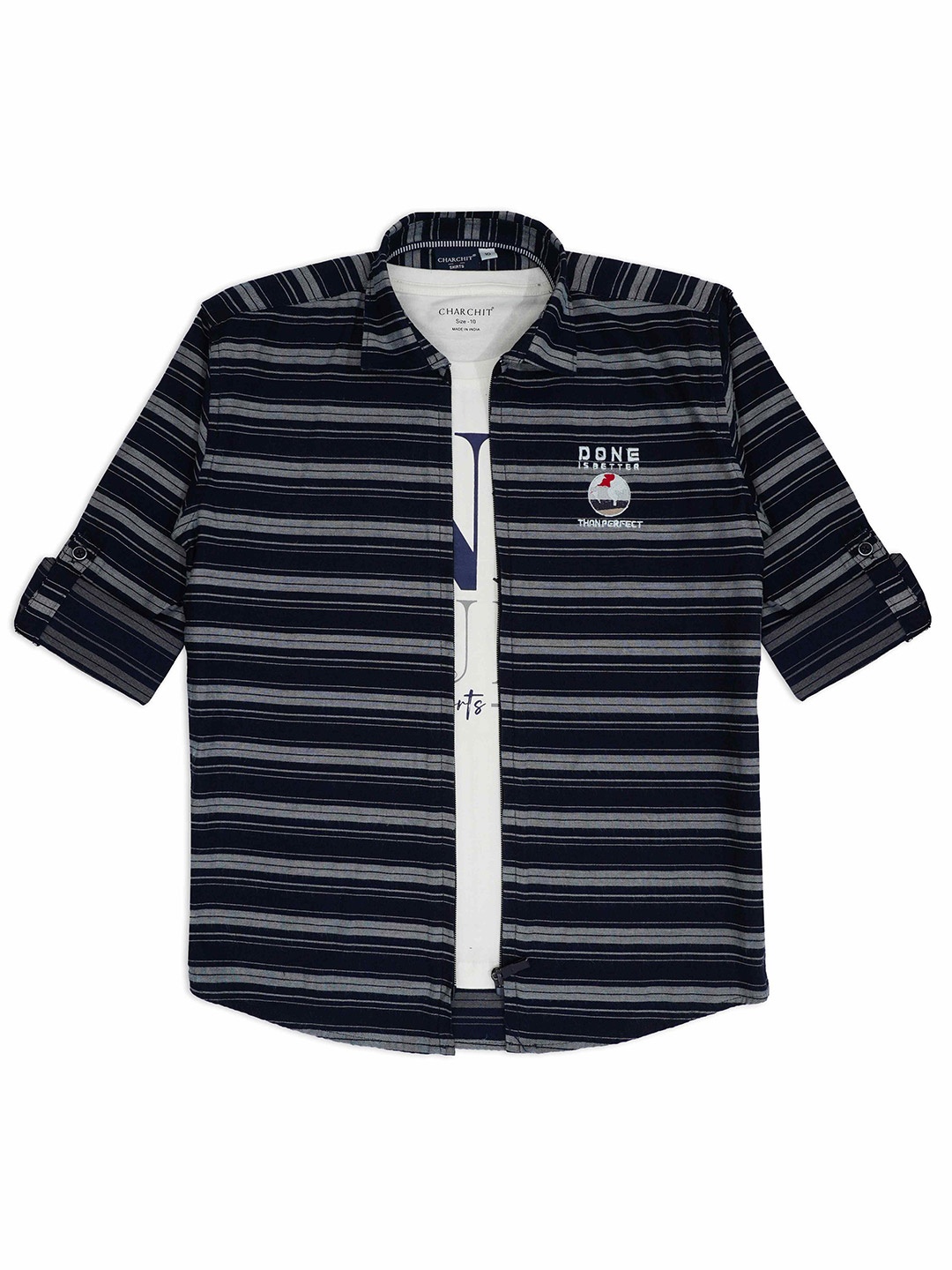 

CHARCHIT Boys Comfort Horizontal Striped Pure Cotton Casual Shacket With T-shirt, White