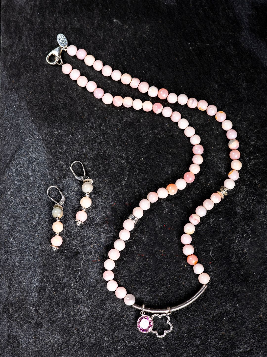 

Stone Story By Shruti CZ Drop and CZ Flower Charm Opal Necklace & Earrings, Pink