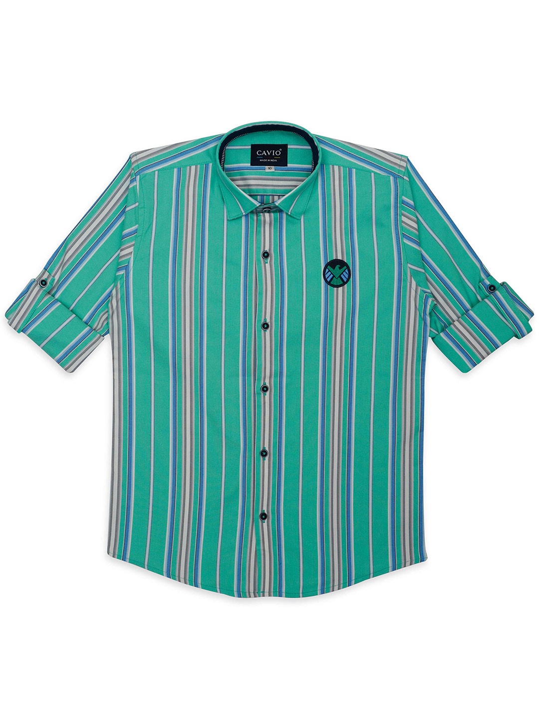 

CAVIO Boys Comfort Vertical Stripes Spread Collar Roll-Up Sleeves Cotton Casual Shirt, Green