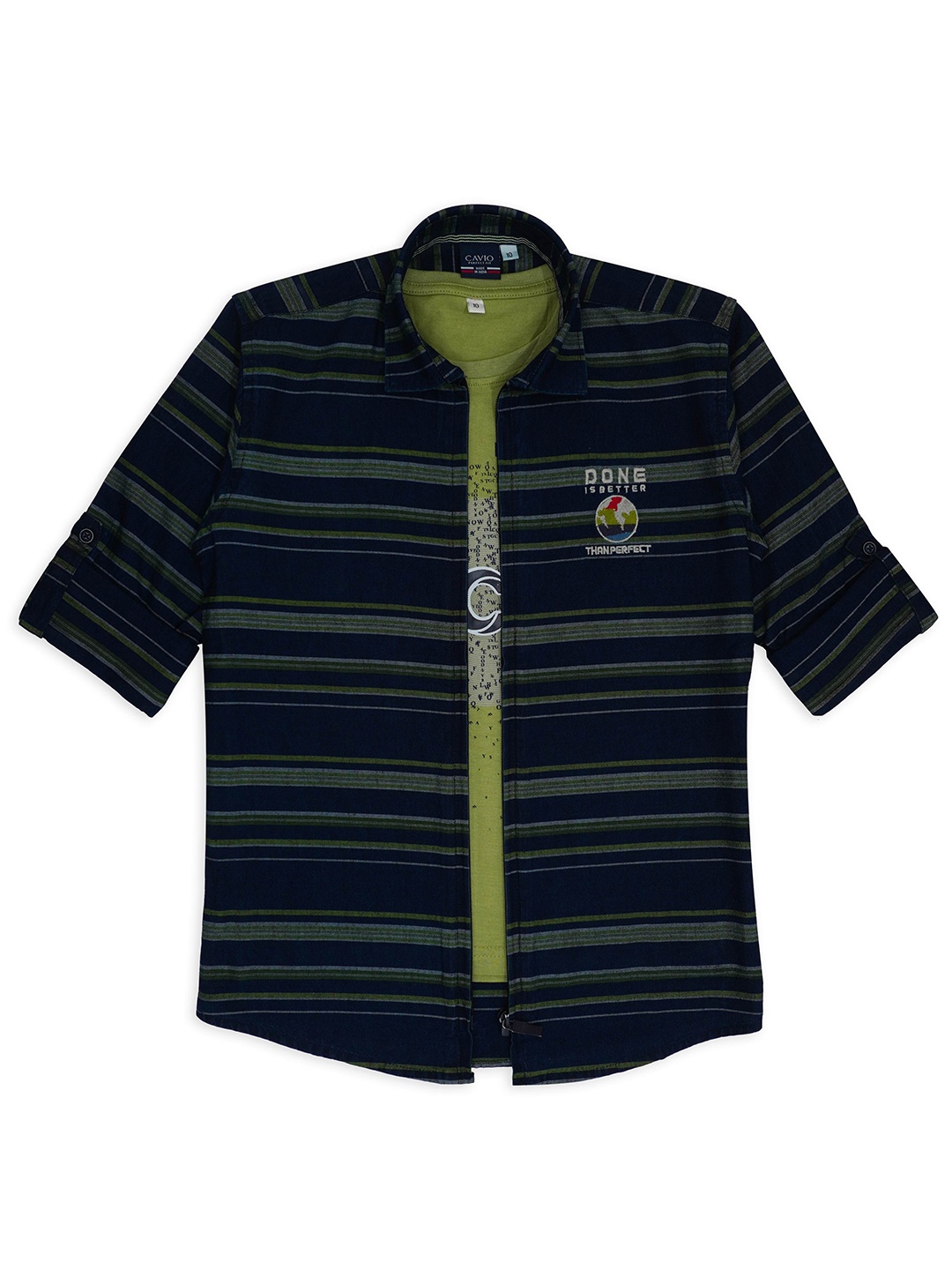 

CAVIO Boys Comfort Horizontal Stripes Spread Collar Cotton Casual Shirt With T-shirt, Green