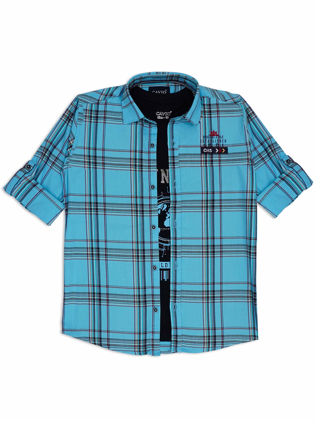 

CAVIO Boys Comfort Tartan Checked Spread Collar Pure Cotton Casual Shirt With T-shirt, Blue