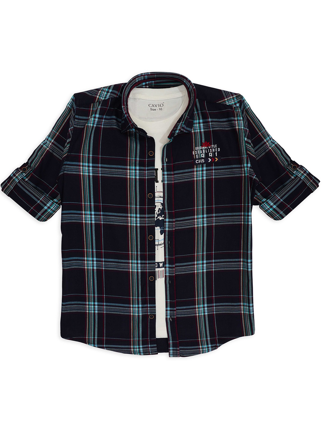 

CAVIO Boys Comfort Tartan Checked Spread Collar Pure Cotton Casual Shirt With T-shirt, Navy blue