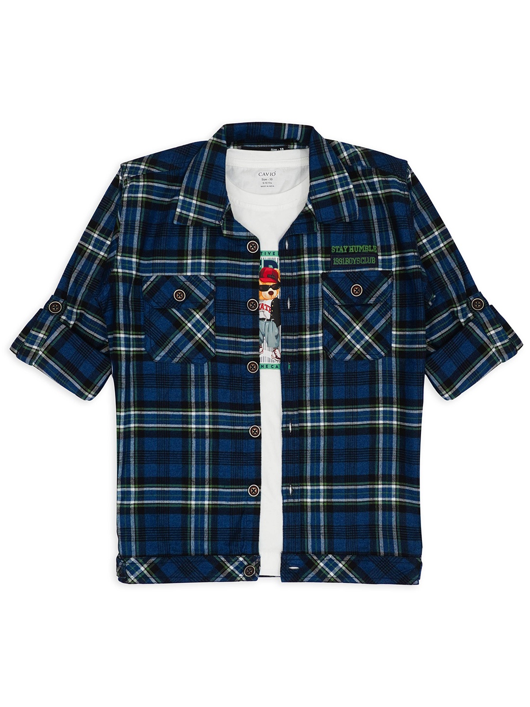 

CAVIO Boys Comfort Tartan Checked Spread Collar Pure Cotton Casual Shirt With T-shirt, Navy blue