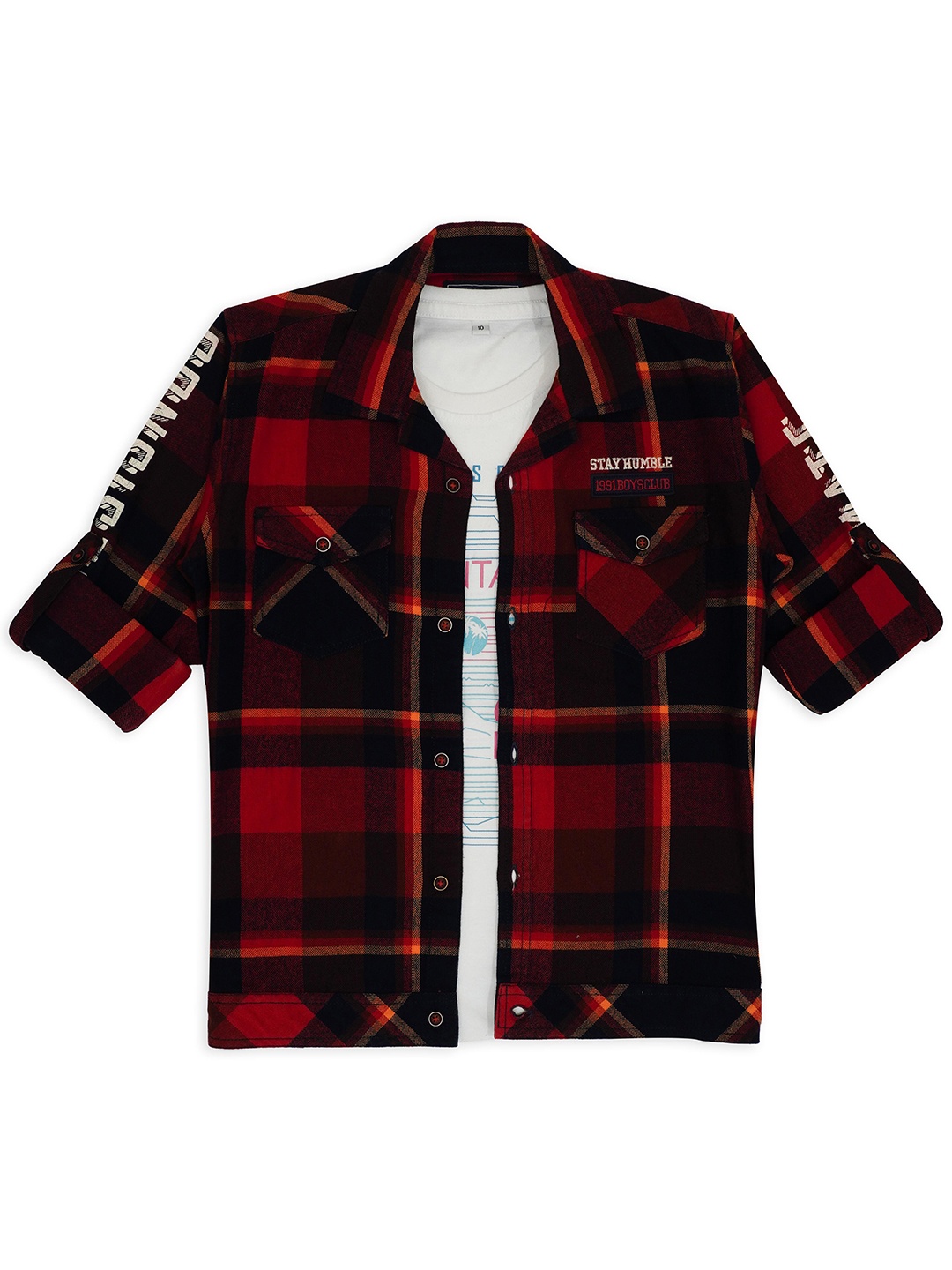 

CAVIO Boys Checked Cotton Comfort Casual Shirt With T-shirt, Rust