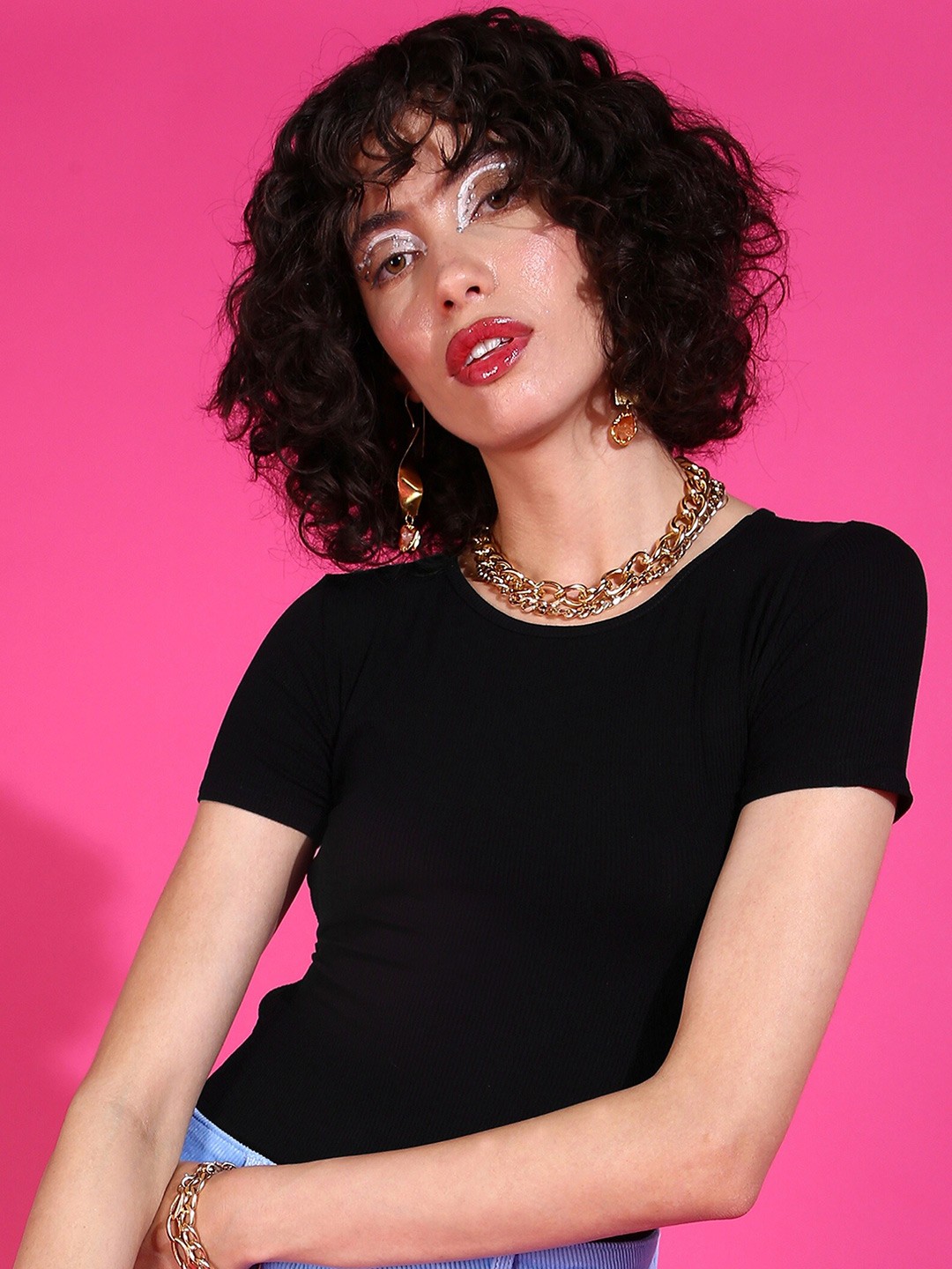 

SHECZZAR Black Tie-Up Detail Cotton Fitted Top