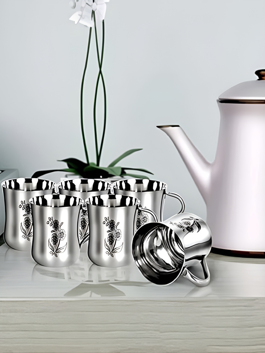 

LEROYAL 6 Pieces Stainless Steel Printed Cups 150 ml, Silver