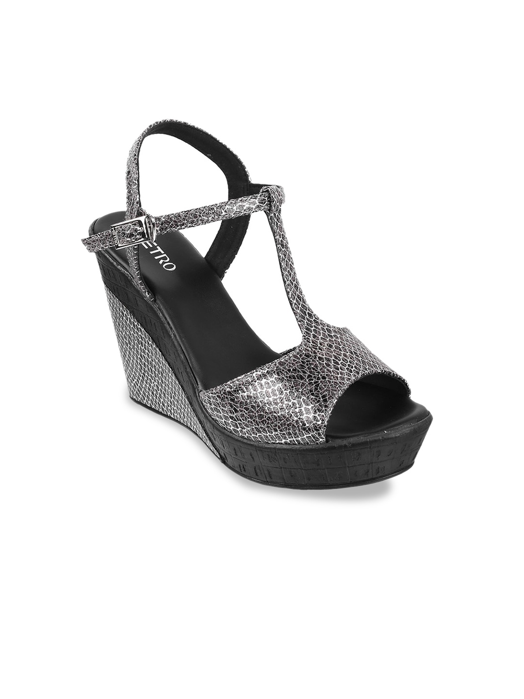 

Metro Printed Peep Toes Wedge Heels With Buckles, Black