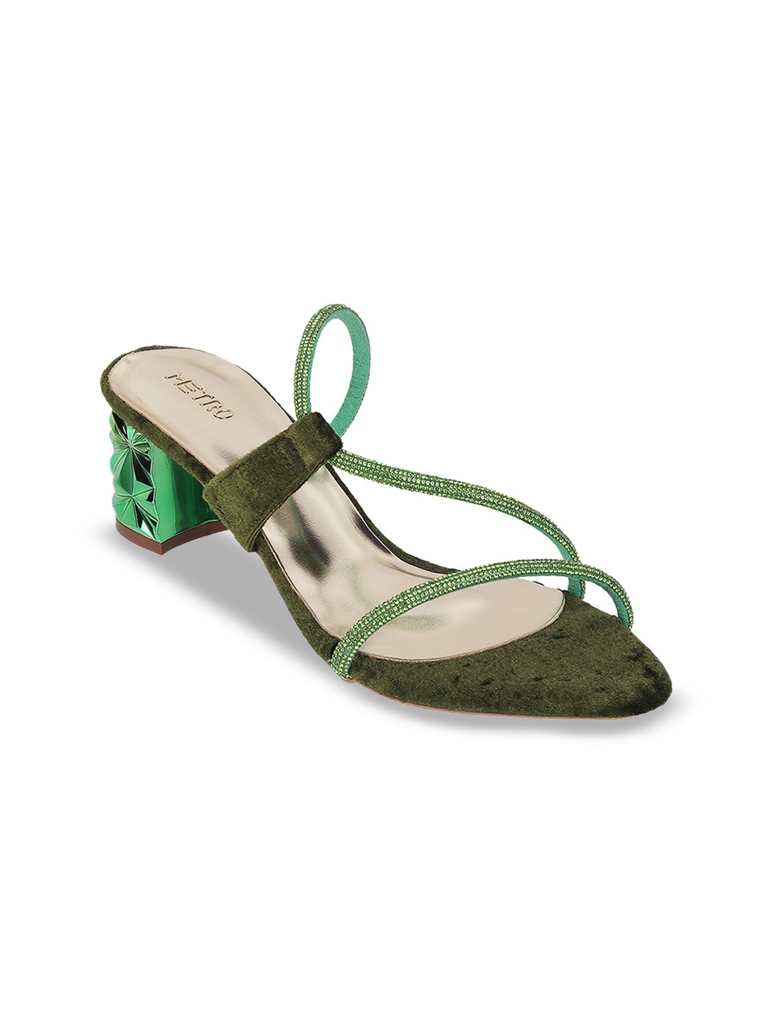 

Metro Embellished Open Toe Block Heels, Green