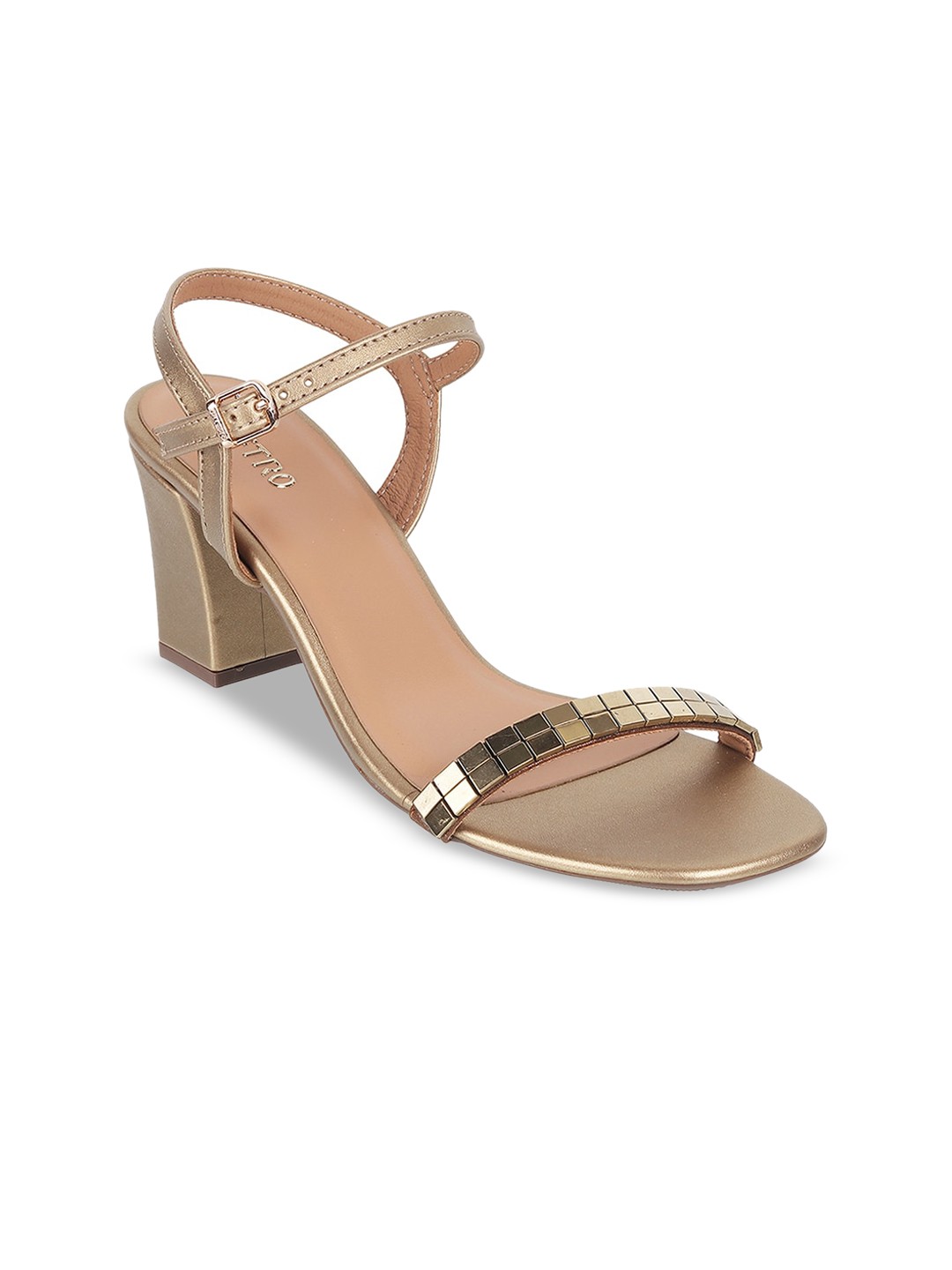 

Metro Embellished Open Toe Block Heels With Buckle Closure, Gold