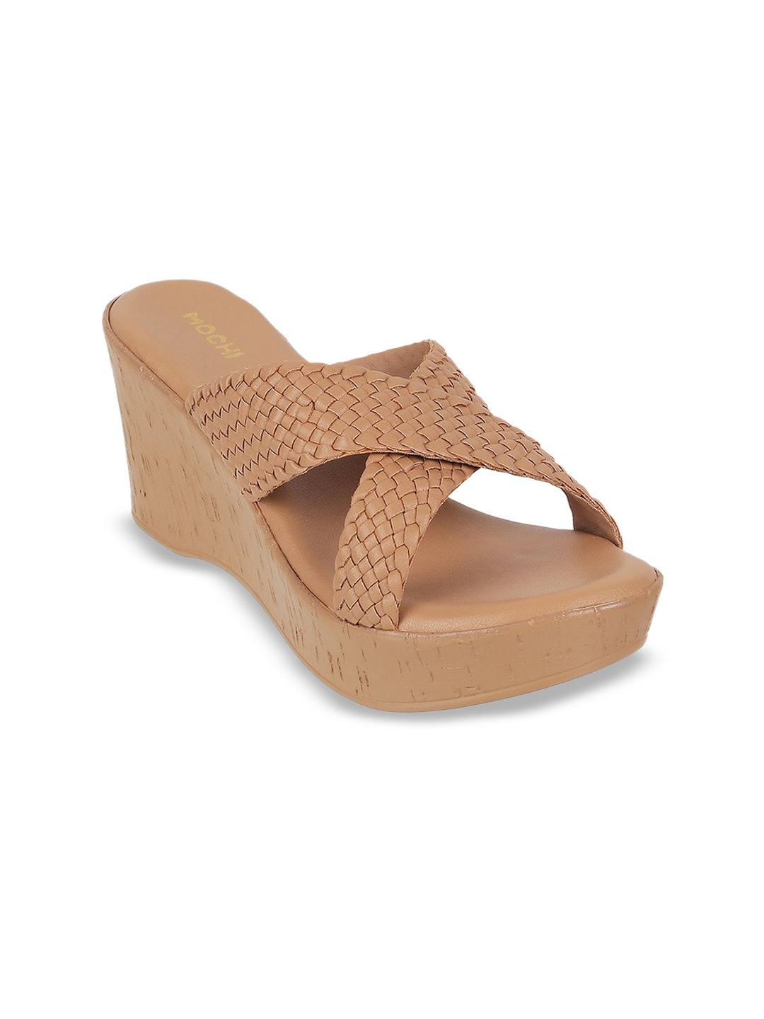 

Mochi Braided Cross Strap Open Toe Wedges, Beige