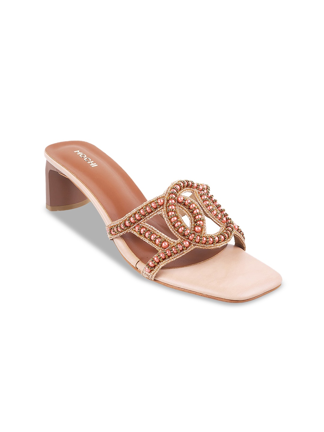 

Mochi Embellished Square Toe Block Heels, Gold