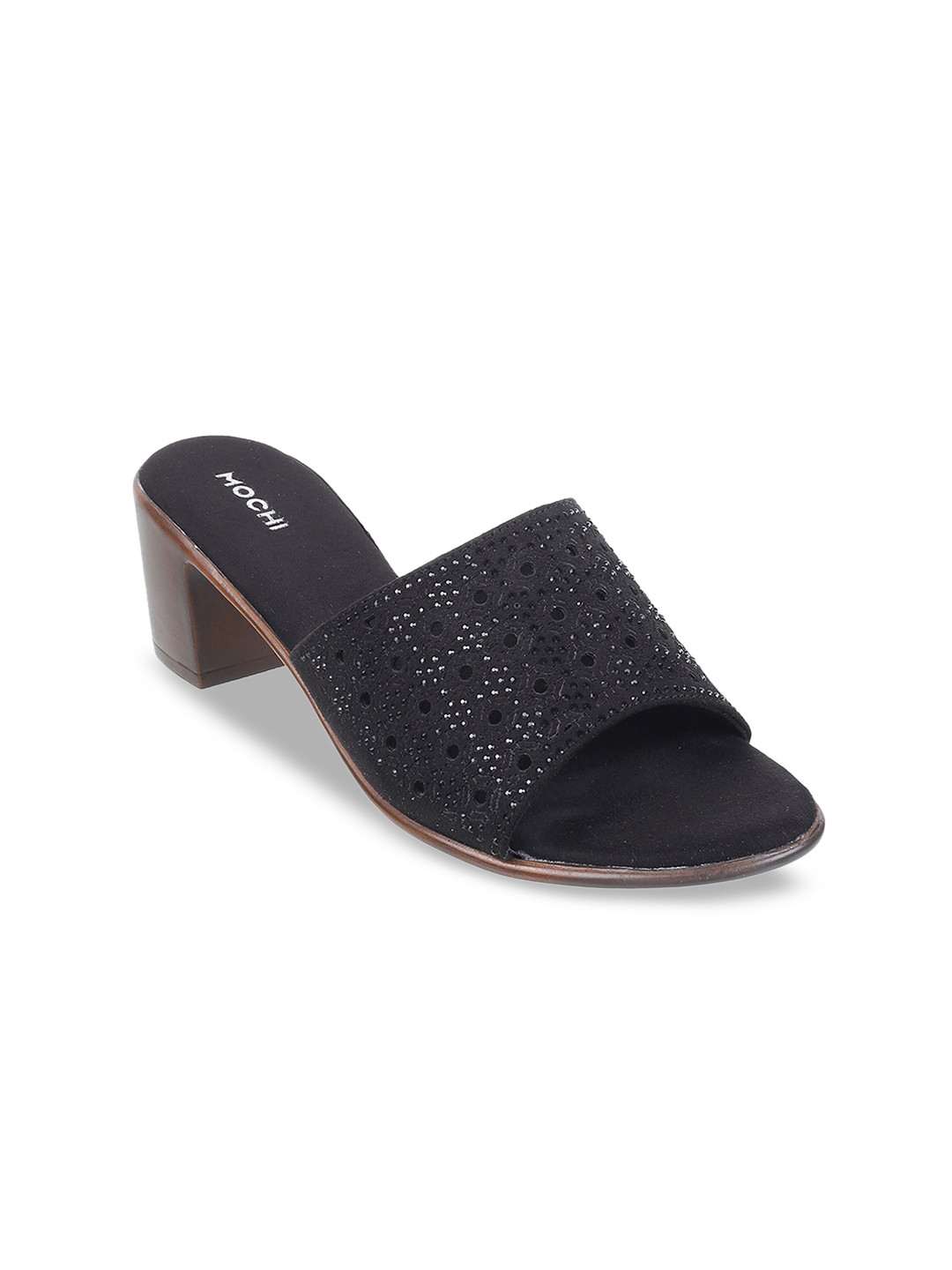 

Mochi Embellished Open Toe Block Heel Mules, Black