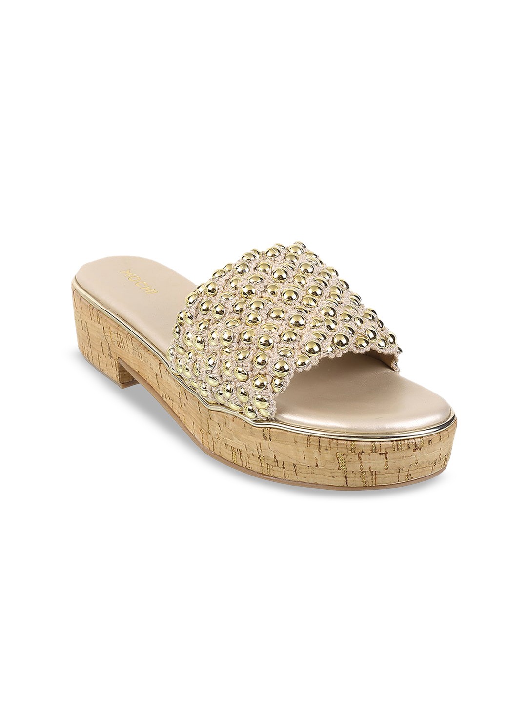 

Mochi Embellished Open Toe Platform Heels, Gold
