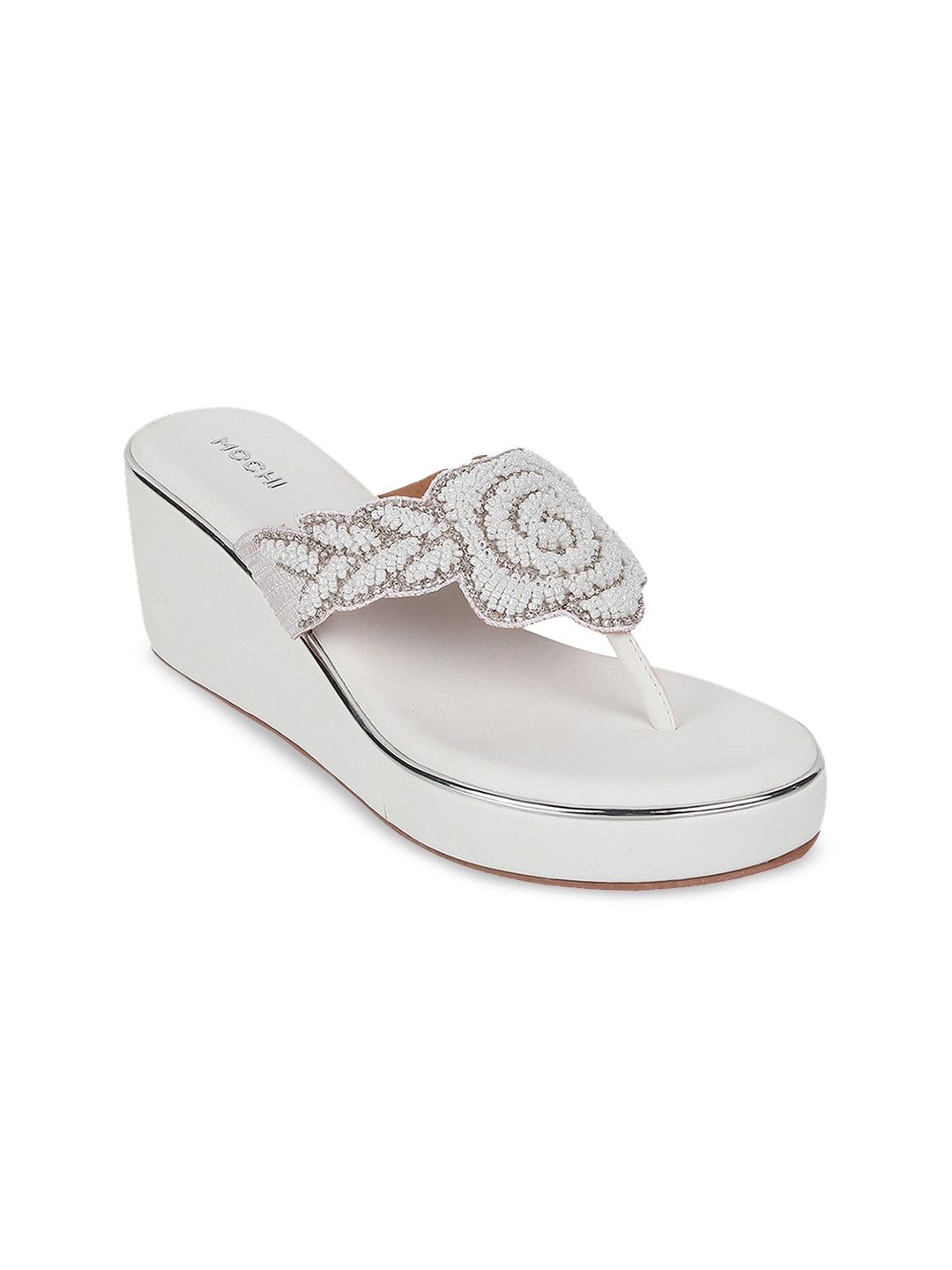 

Mochi Embellished Open Toe Wedges, White