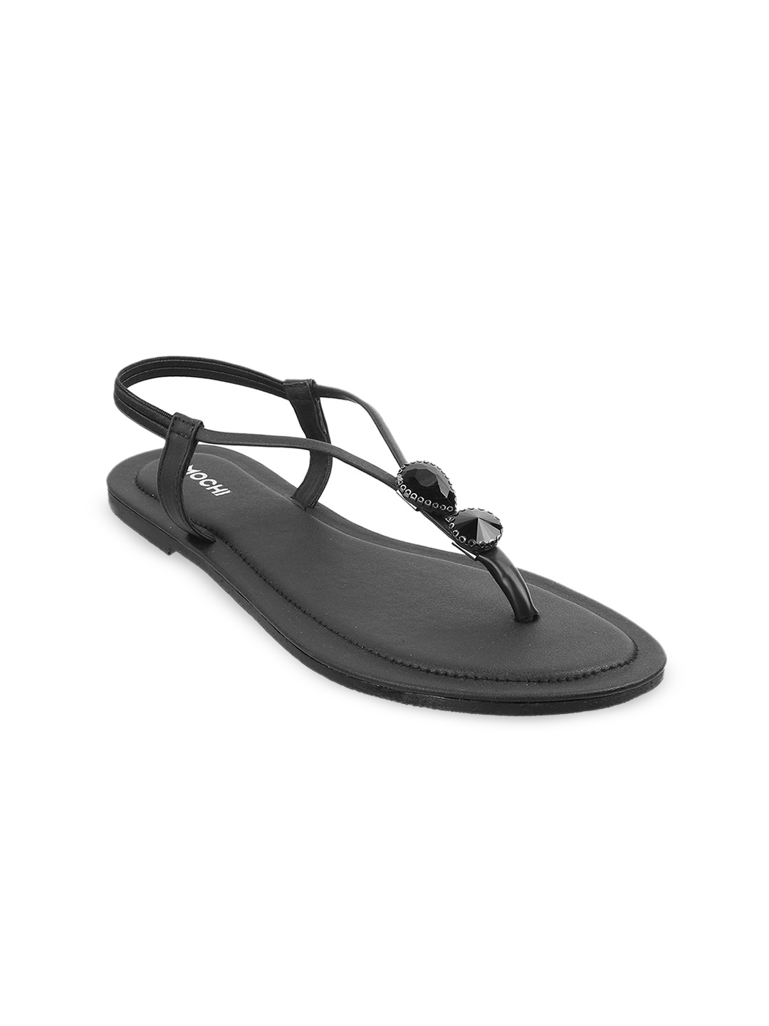 

Mochi Embellished T- Strap Flats With Backstrap, Black