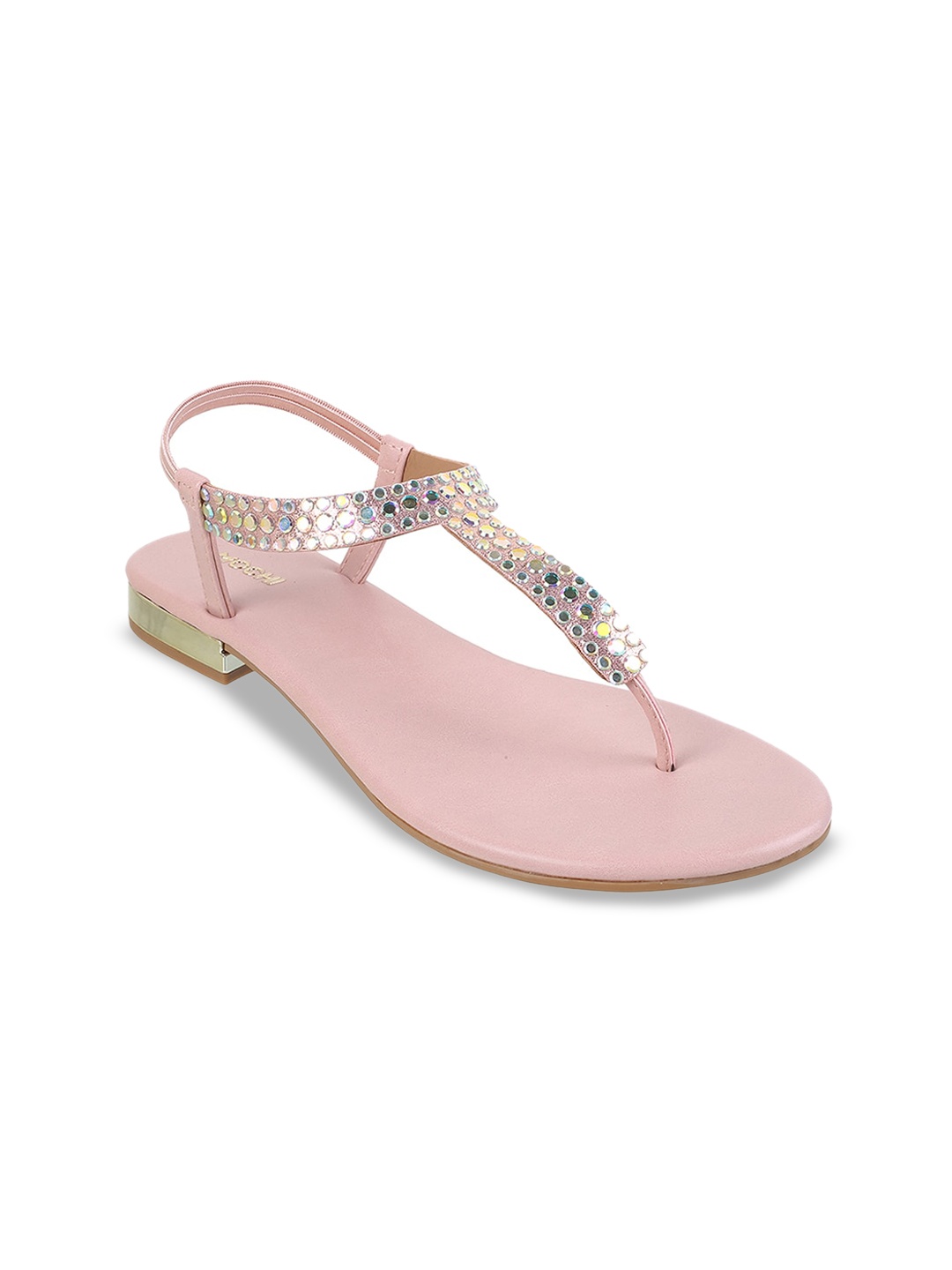 

Mochi Embellished T- Strap Flats With Backstrap, Pink