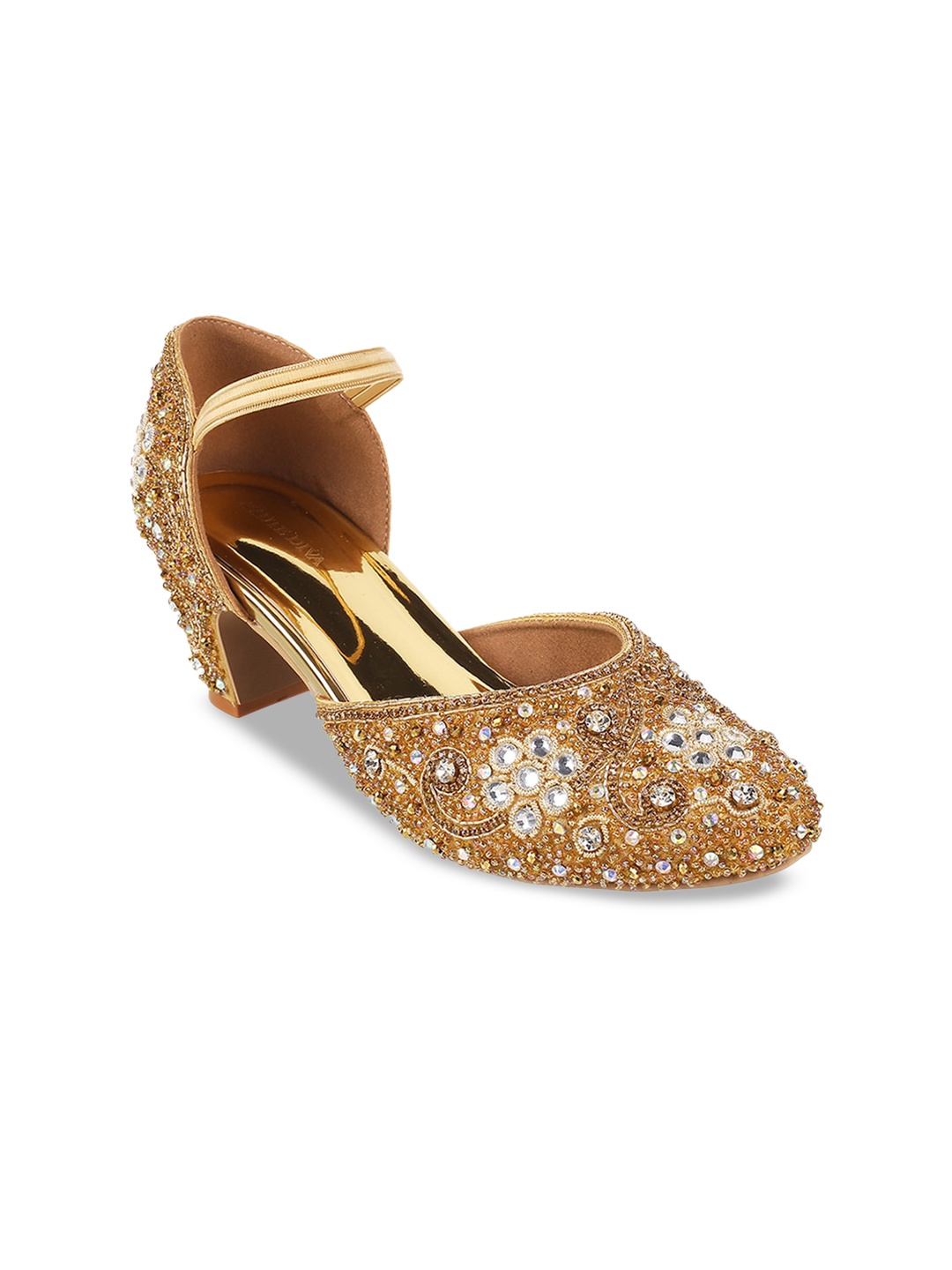 

Mochi Embellished Closed Back Block Heel Mules, Gold