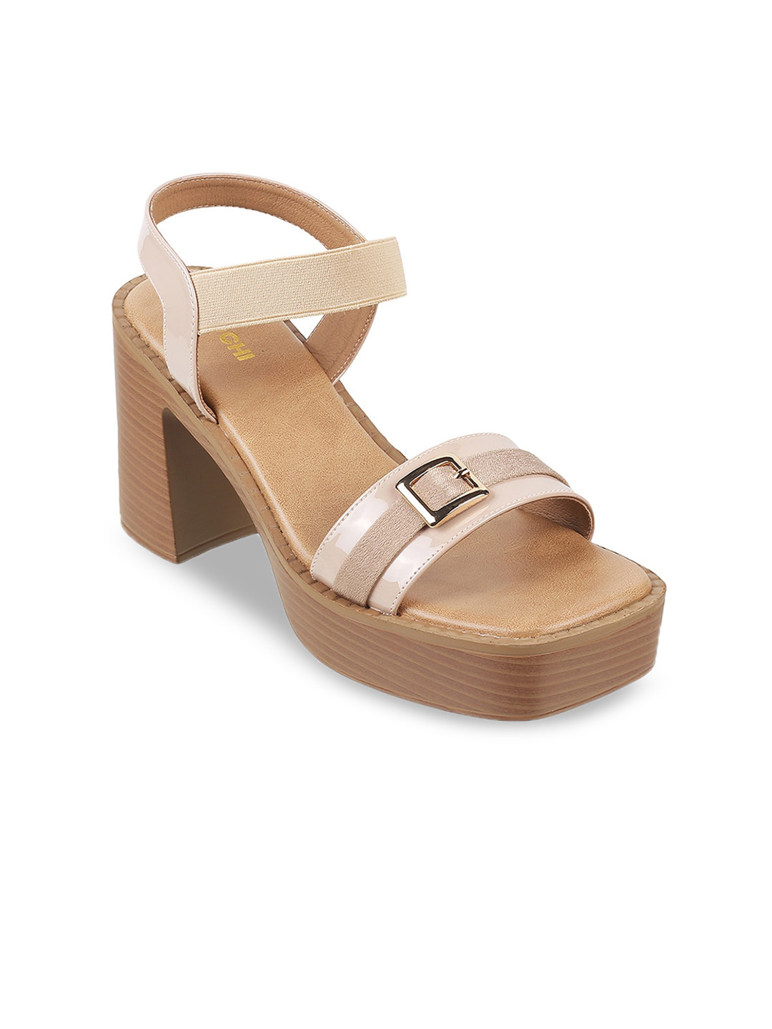 

Mochi Buckle Detailed Open Toe Platform Heels, Beige