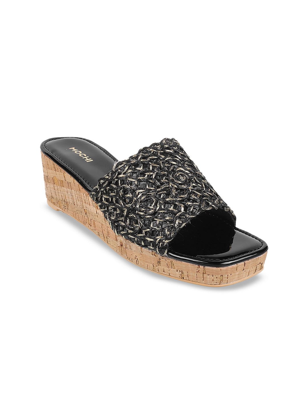 

Mochi Textured Open Toe Wedges, Black