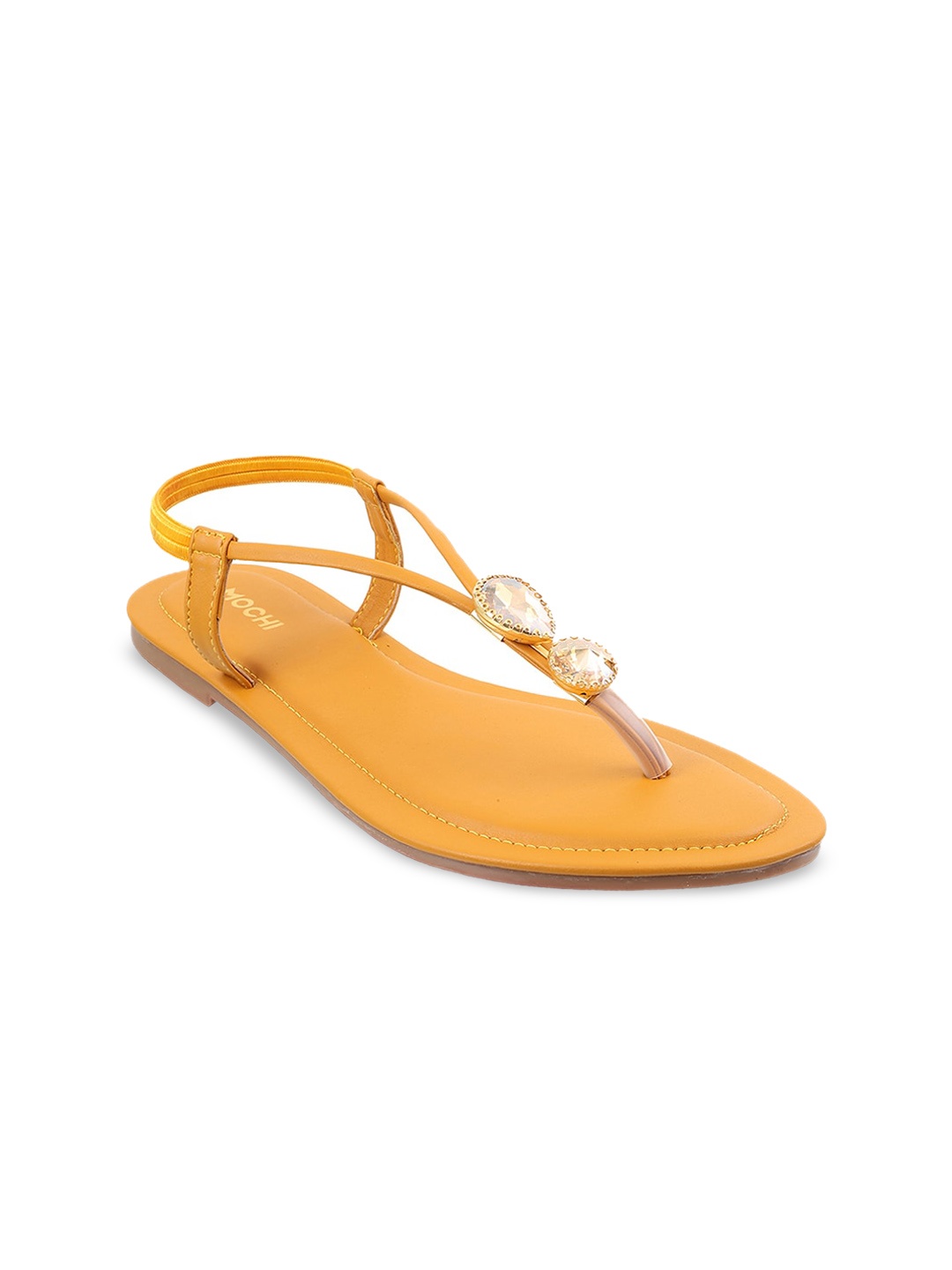 

Mochi Embellished T- Strap Flats With Backstrap, Yellow