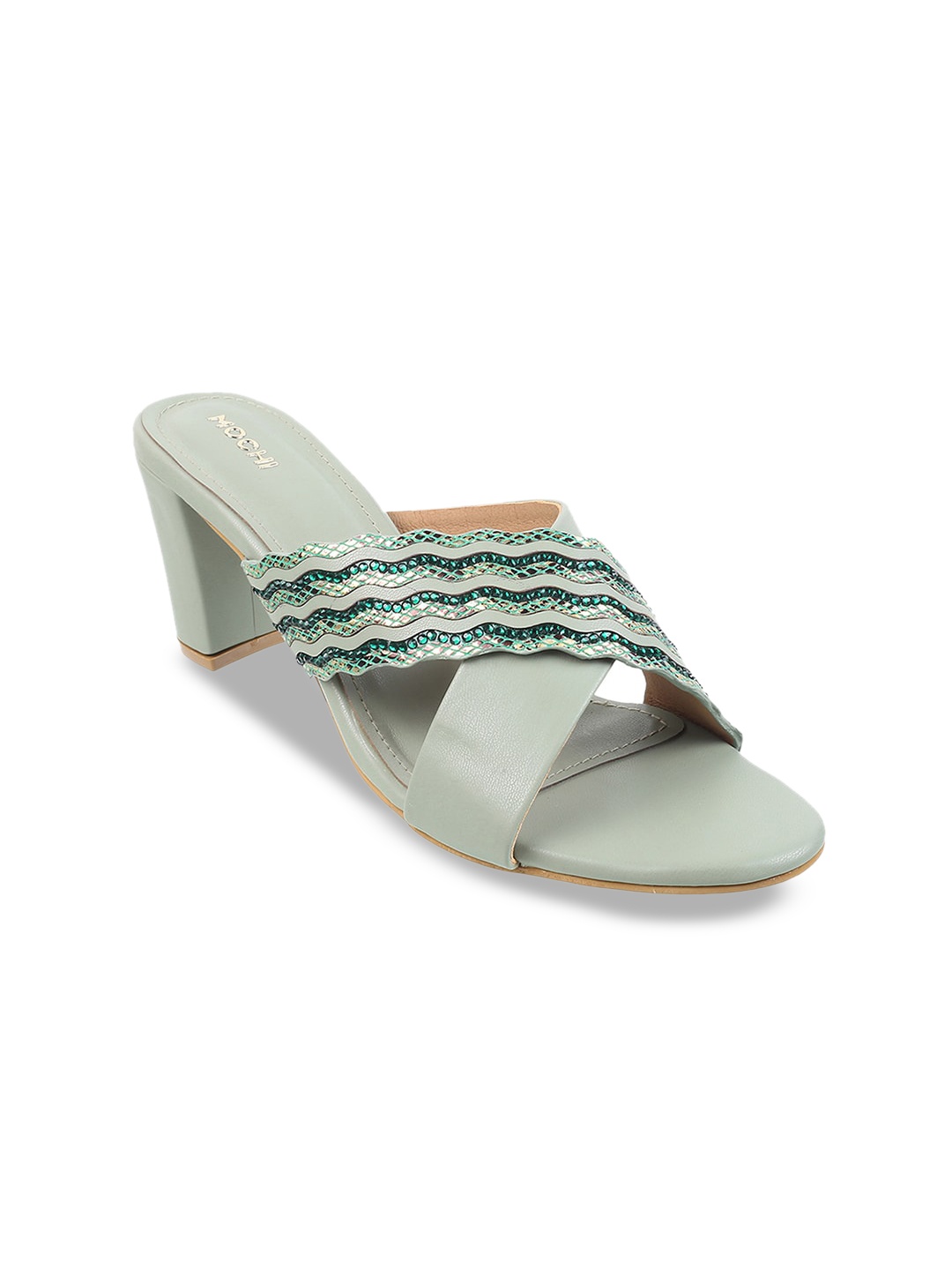

Mochi Embellished Open Toe Block Heels, Green